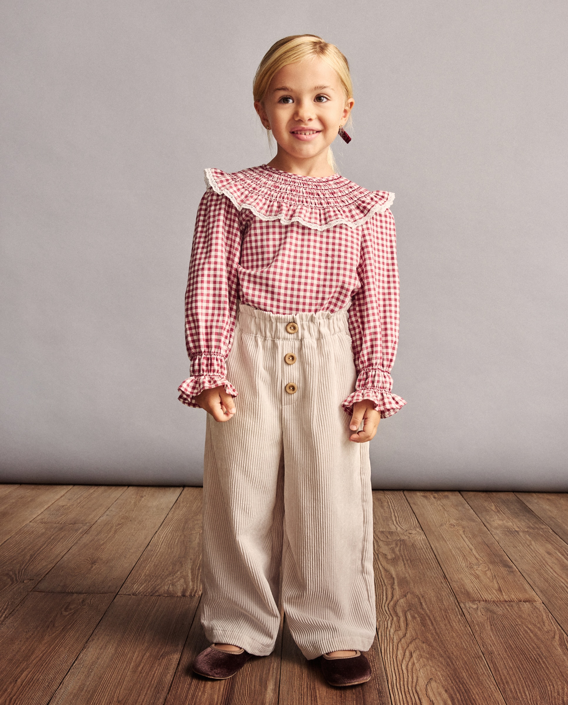 Blusa Vichy de Manga Comprida com Gola Grande e Smock à Máquina Vermelho-3
