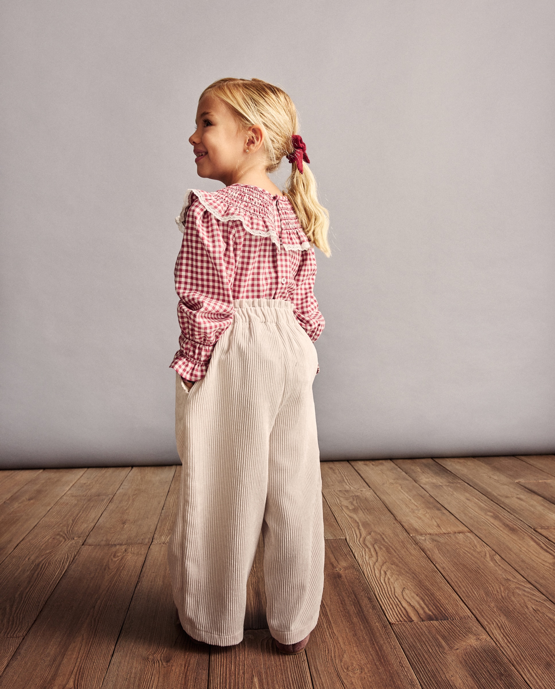 Blusa Vichy de Manga Comprida com Gola Grande e Smock à Máquina Vermelho-4