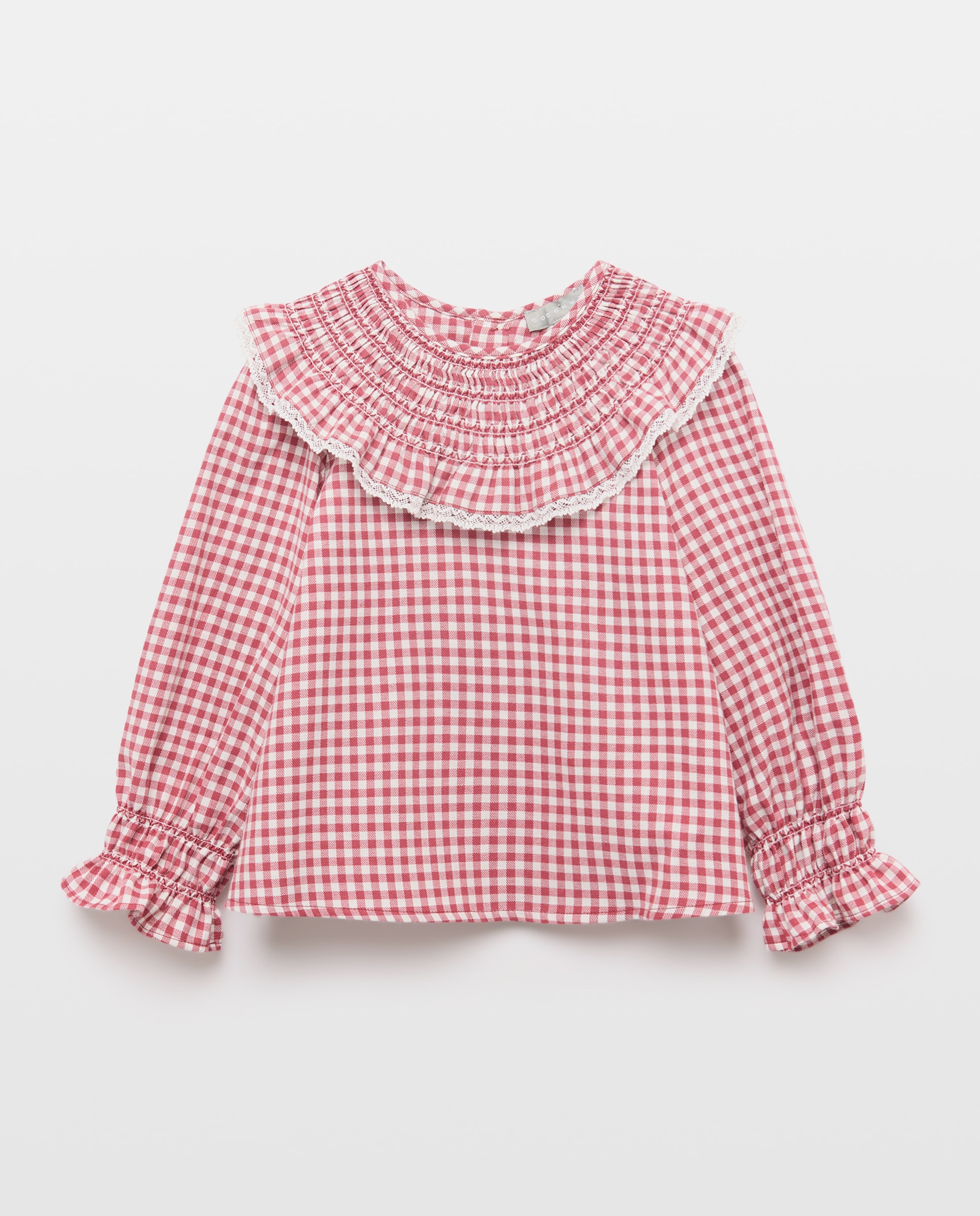 Blusa Vichy de Manga Comprida com Gola Grande e Smock à Máquina Vermelho-5