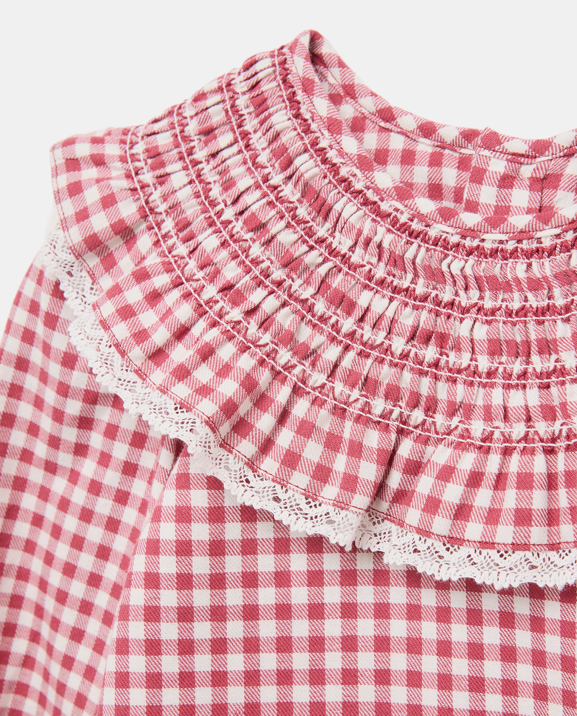 Blusa Vichy de Manga Comprida com Gola Grande e Smock à Máquina Vermelho-6