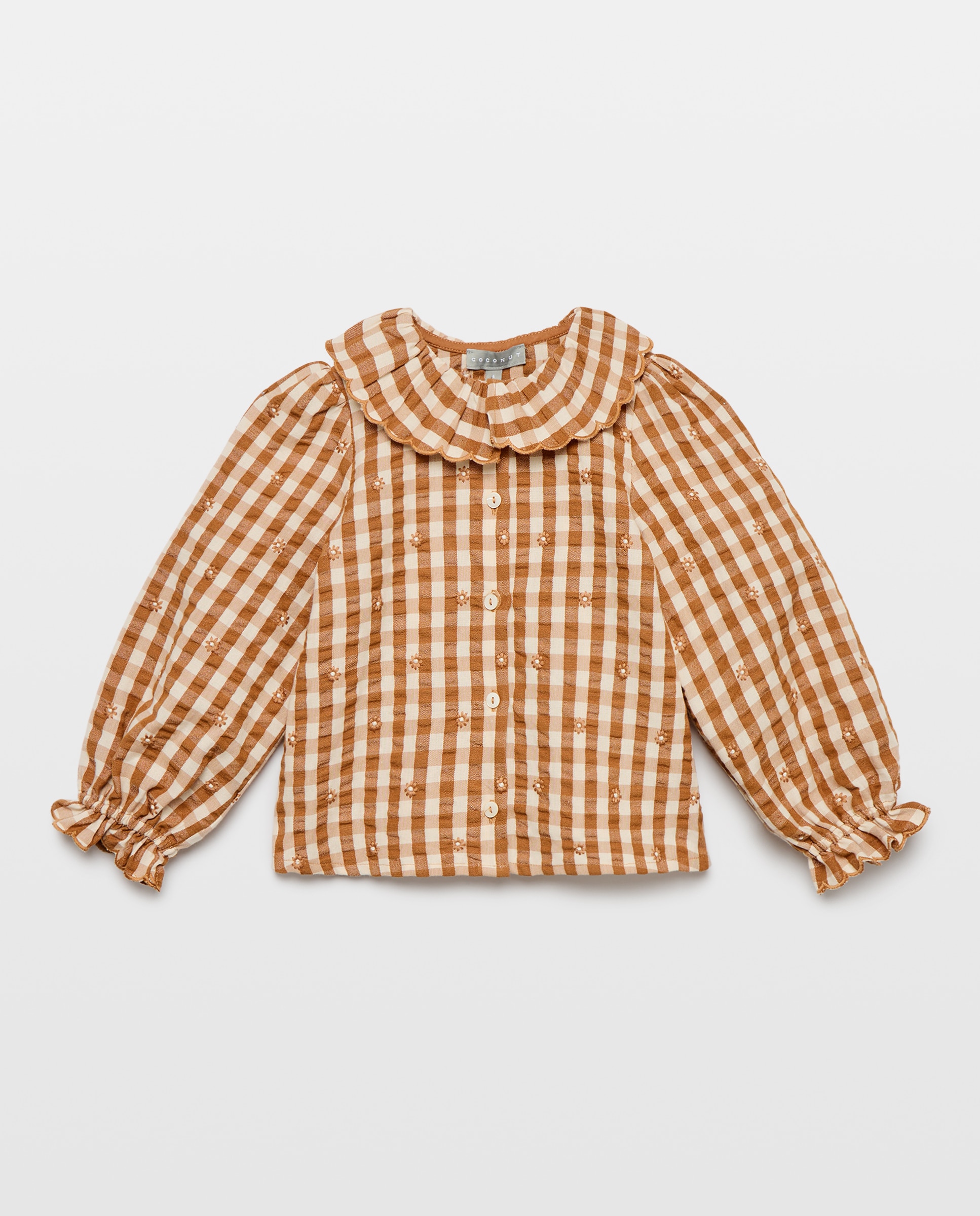 Blusa aos Quadrados Vichy com Manga Comprida e Bordado de Margaridas Castanho-4