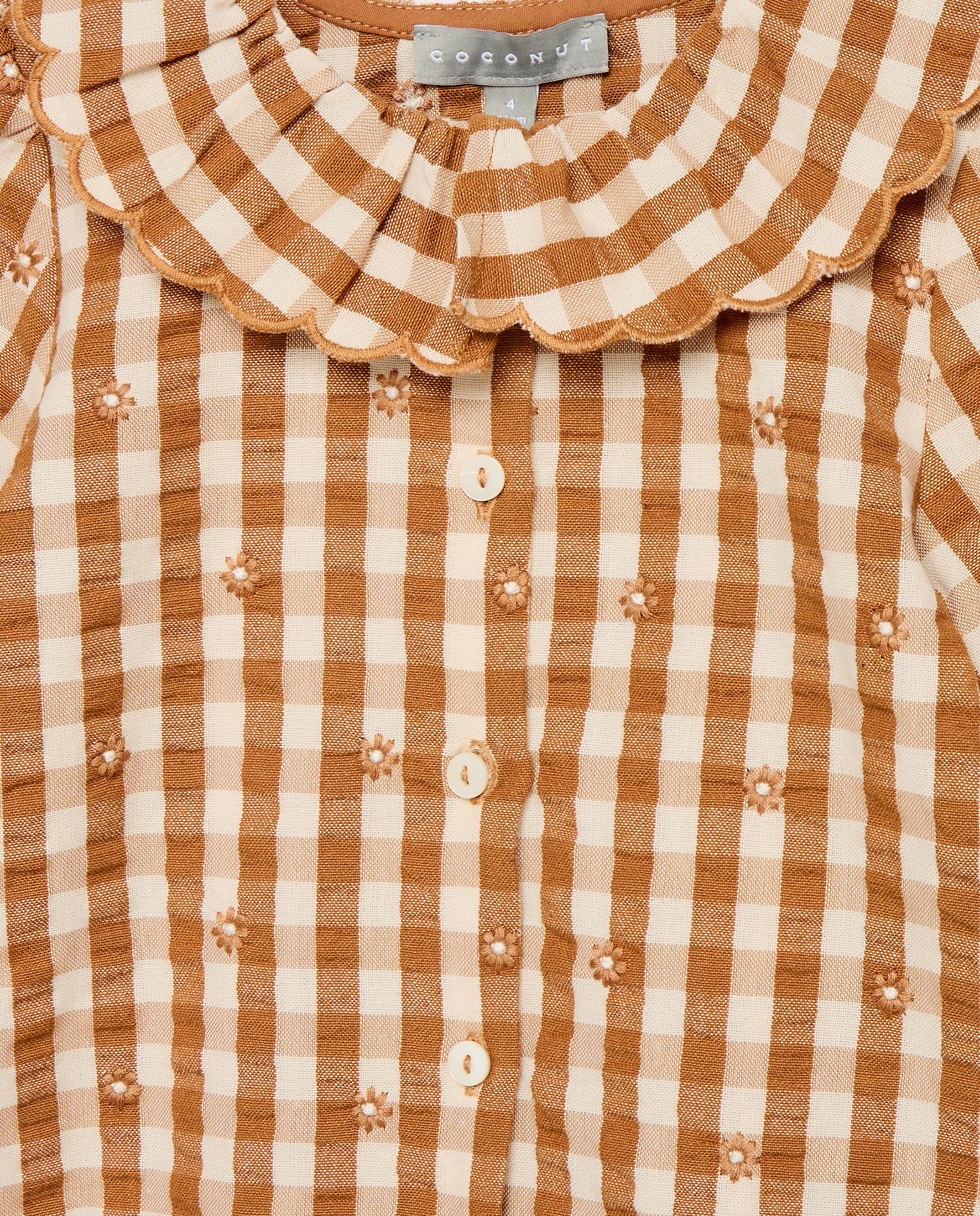 Blusa aos Quadrados Vichy com Manga Comprida e Bordado de Margaridas Castanho-5