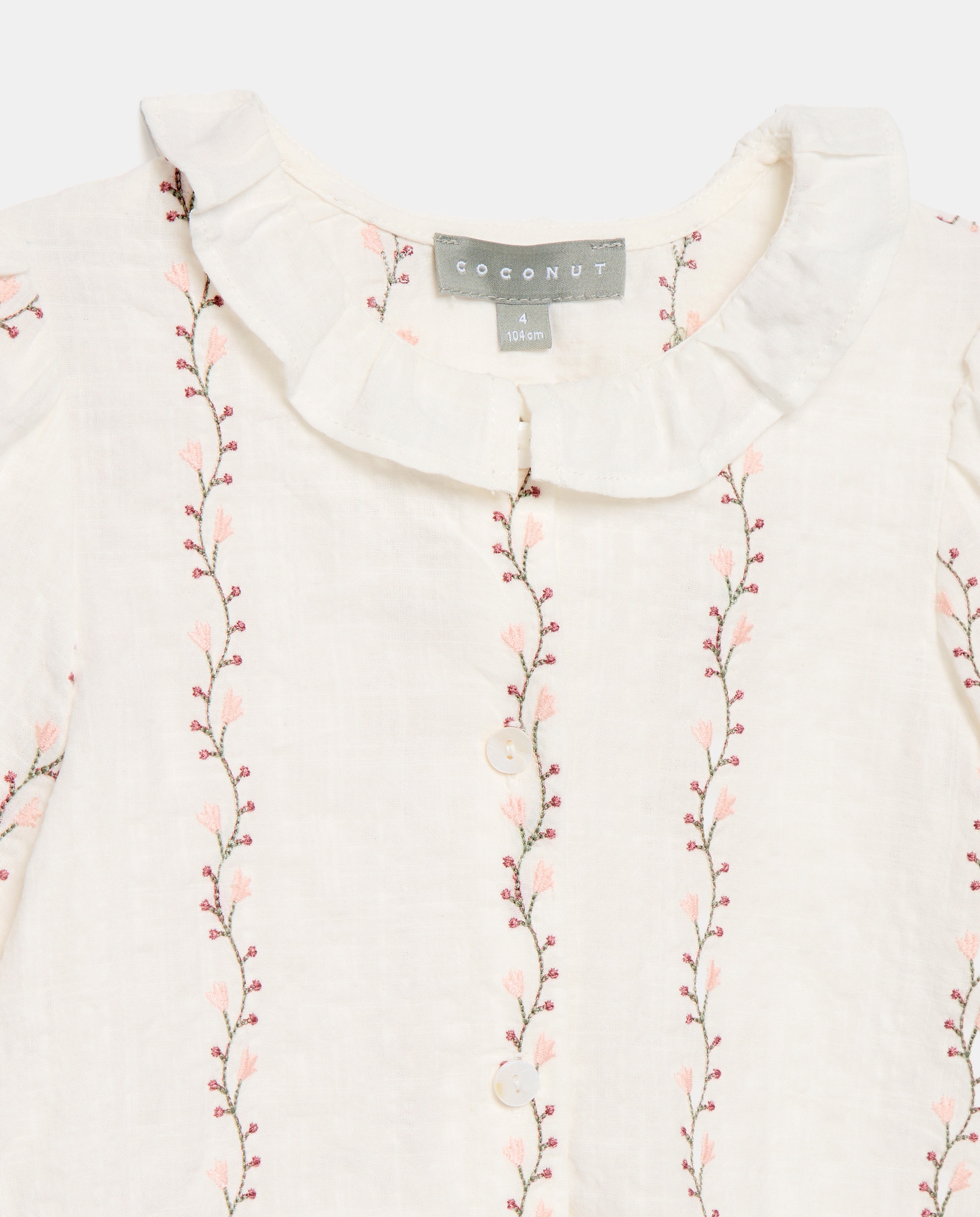 Blusa de Manga Comprida com Gola em Tecido e Bordado Floral Branco-5