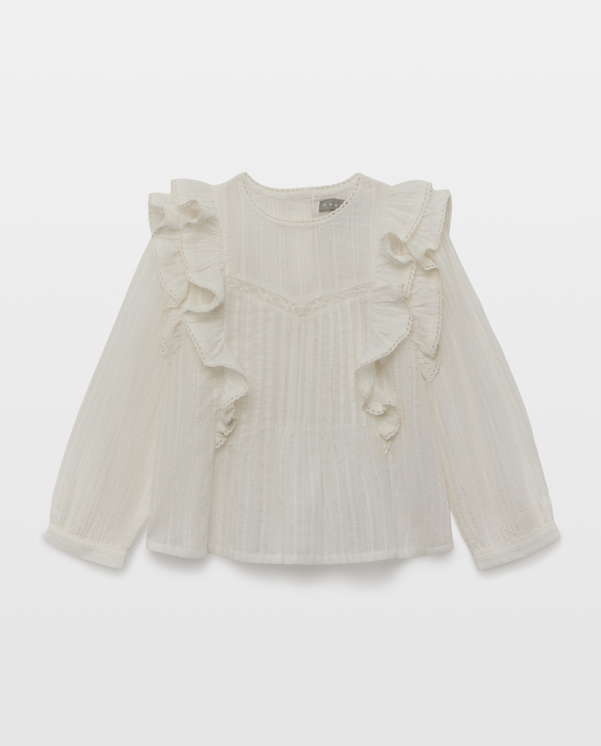 Camisa Dobby com Folhos e Tira Inserida Branco-marfim-5