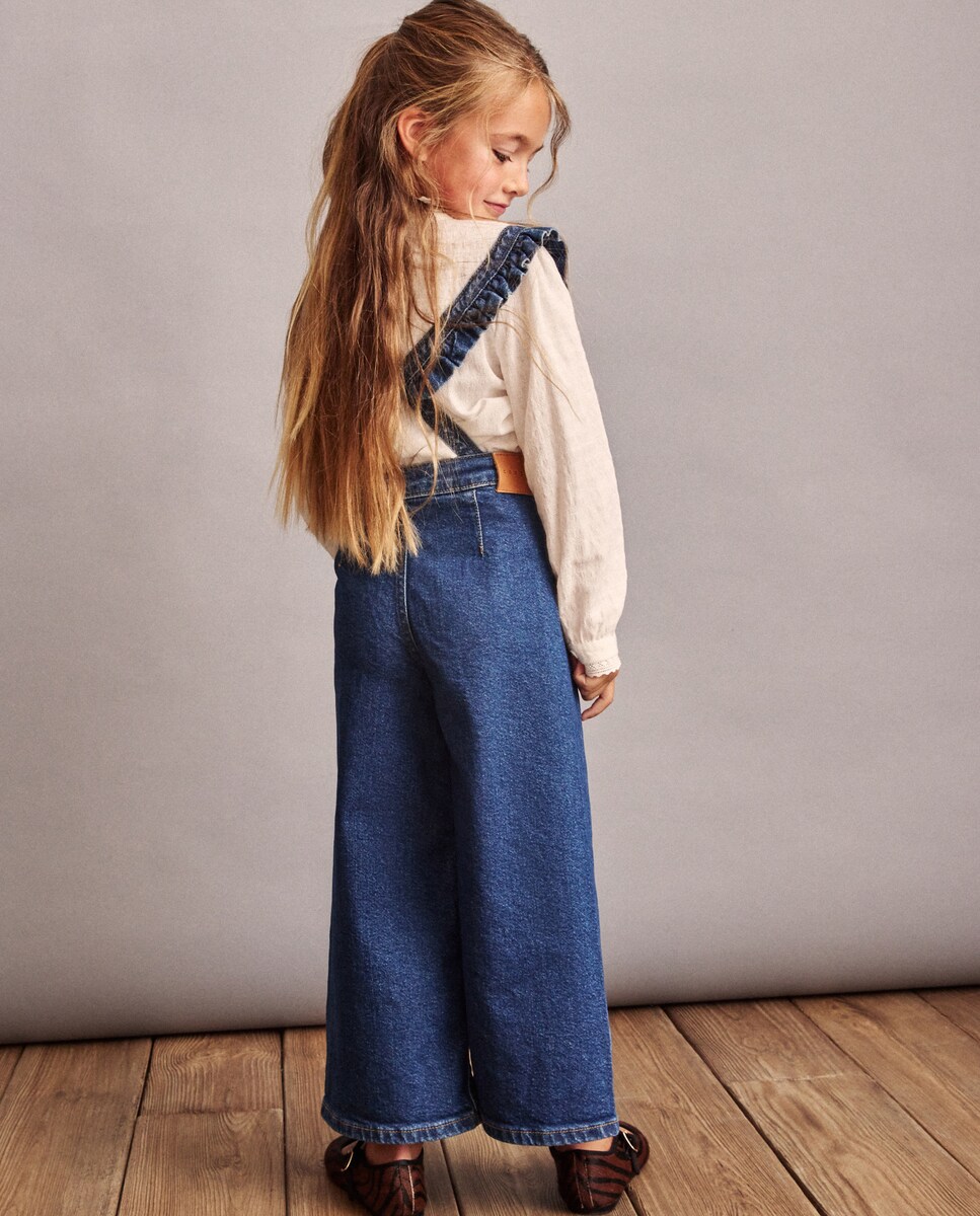 Jardineiras de Ganga com Folhos nos Bolsos à Frente Azul Suave-2