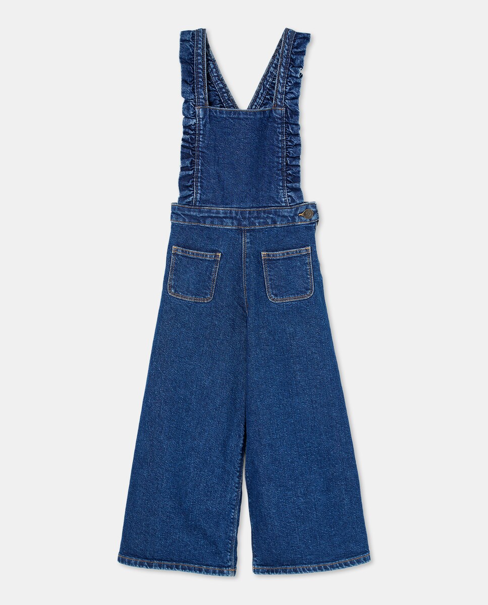 Jardineiras de Ganga com Folhos nos Bolsos à Frente Azul Suave-3