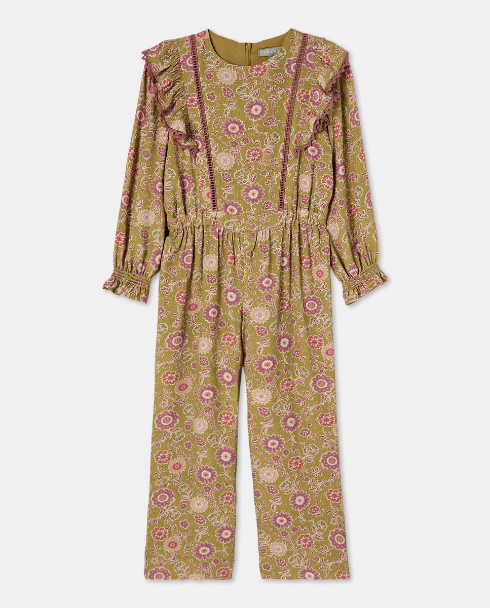 Macacão de Manga Comprida com Folhos e All Over Print Floral Rosa-4