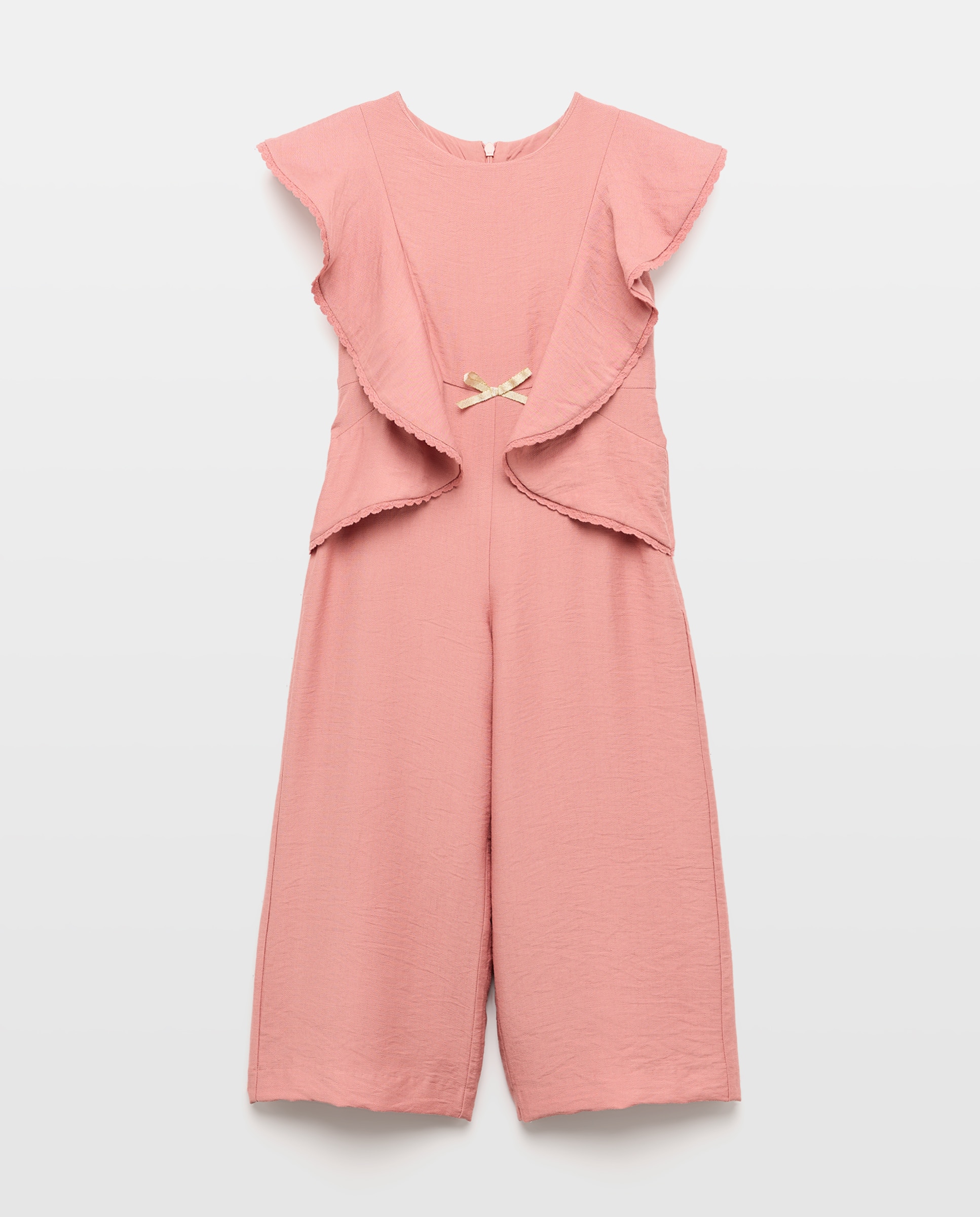 Macacão sem Mangas com Folhos e Laço na Cintura 220 Rosa Pálido-5