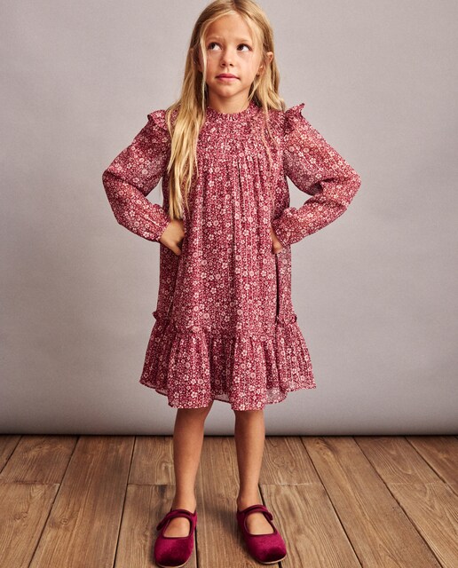 Vestido manga larga fluido en plumeti all over print de niña