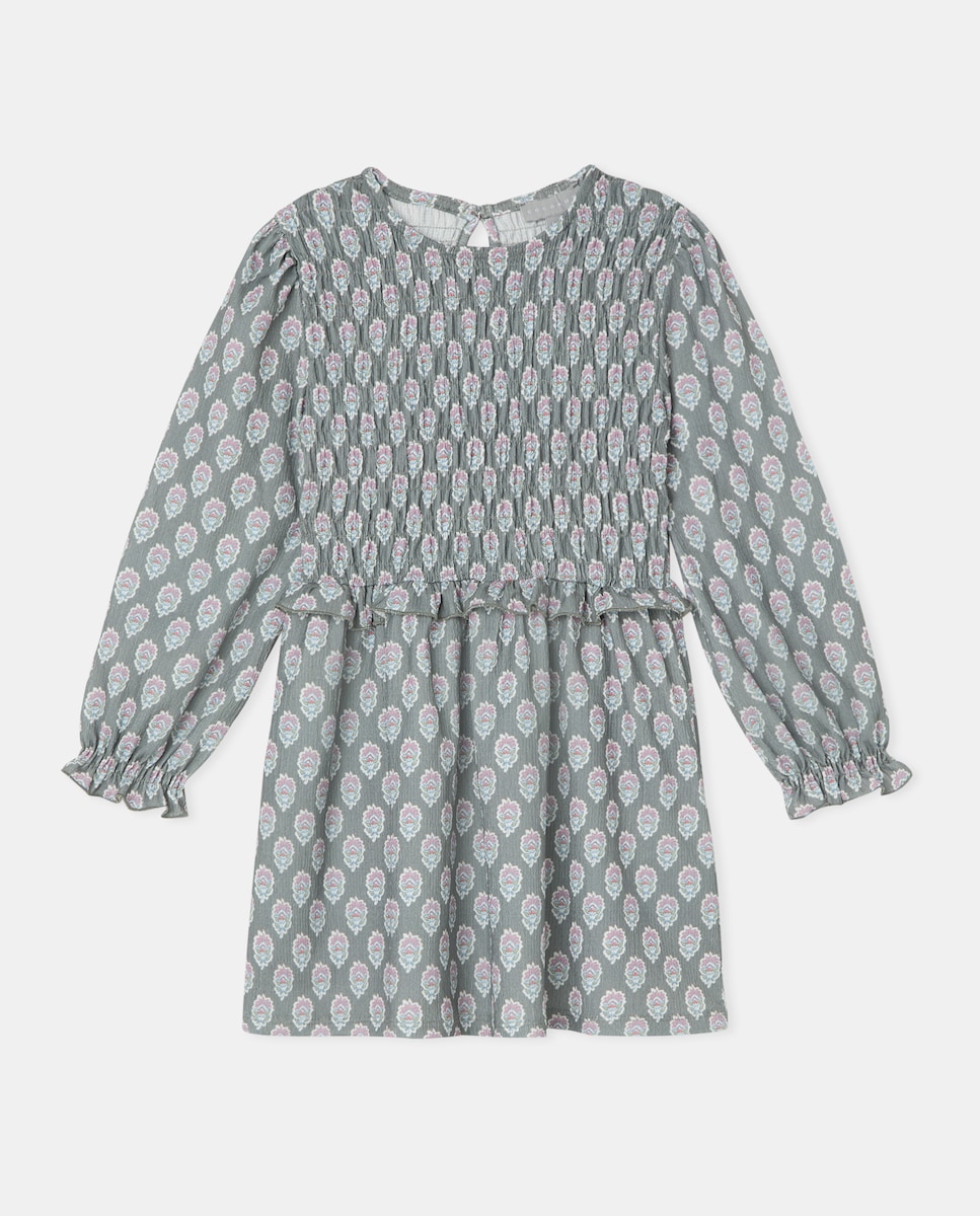 Vestido de Manga Comprida Circular com All Over Print de Selo de Fantasia de Gomas Verde-4