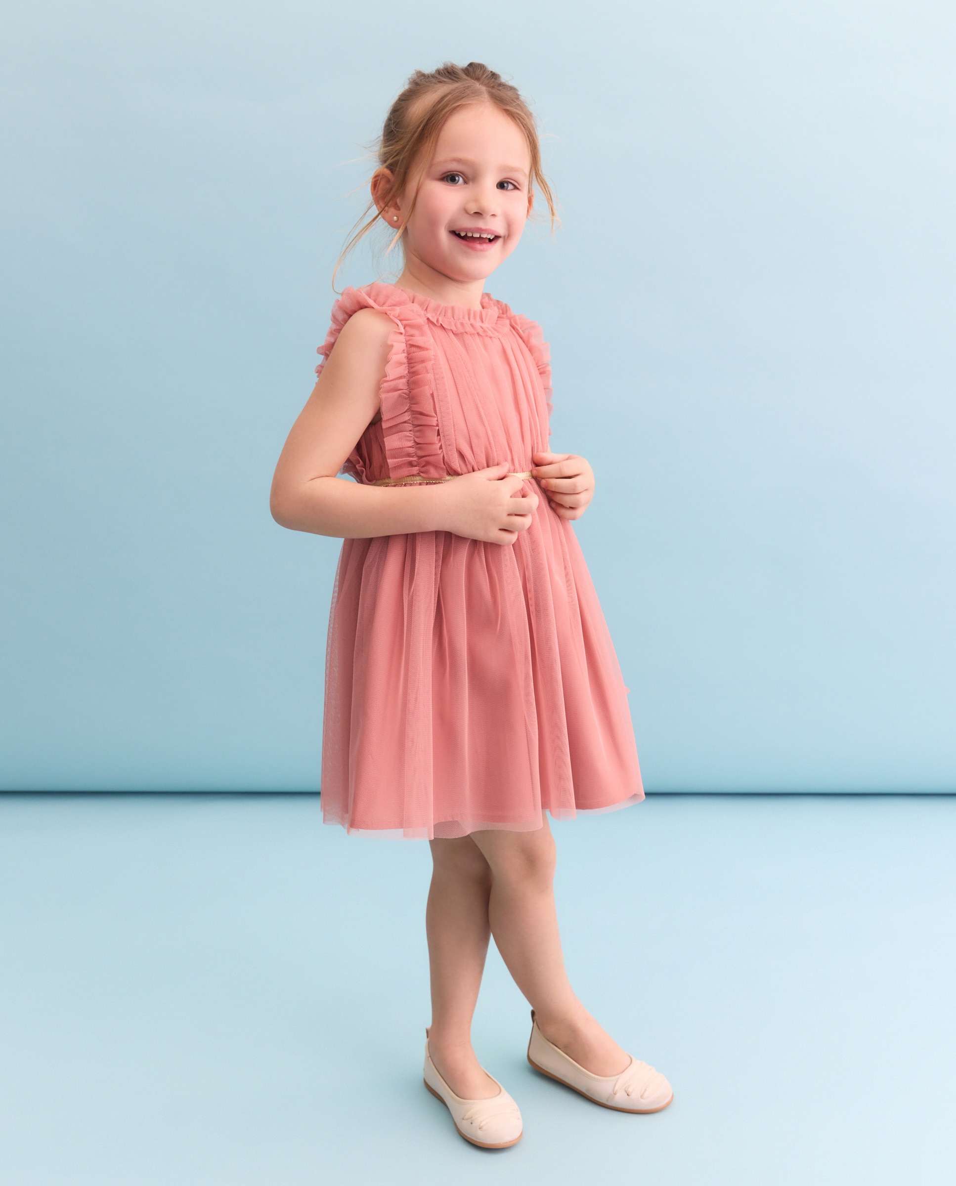 Vestido de Tule Liso com Folhos de Criança 220 Rosa Pálido-1