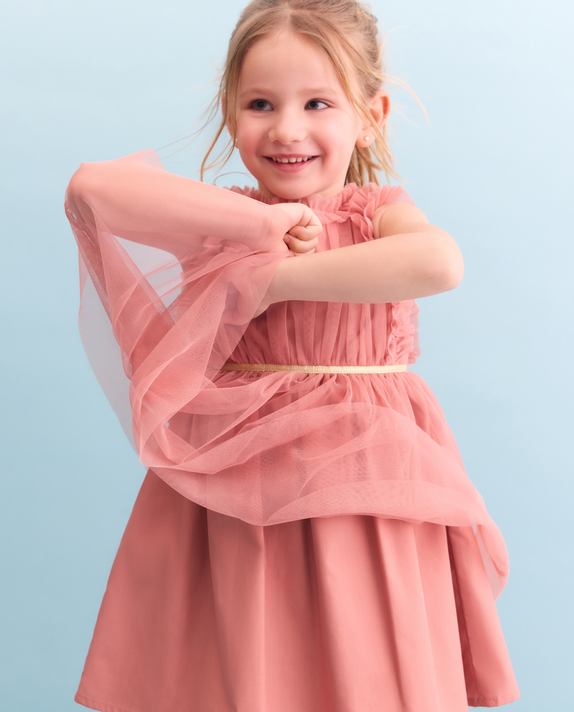 Vestido de Tule Liso com Folhos de Criança 220 Rosa Pálido-2