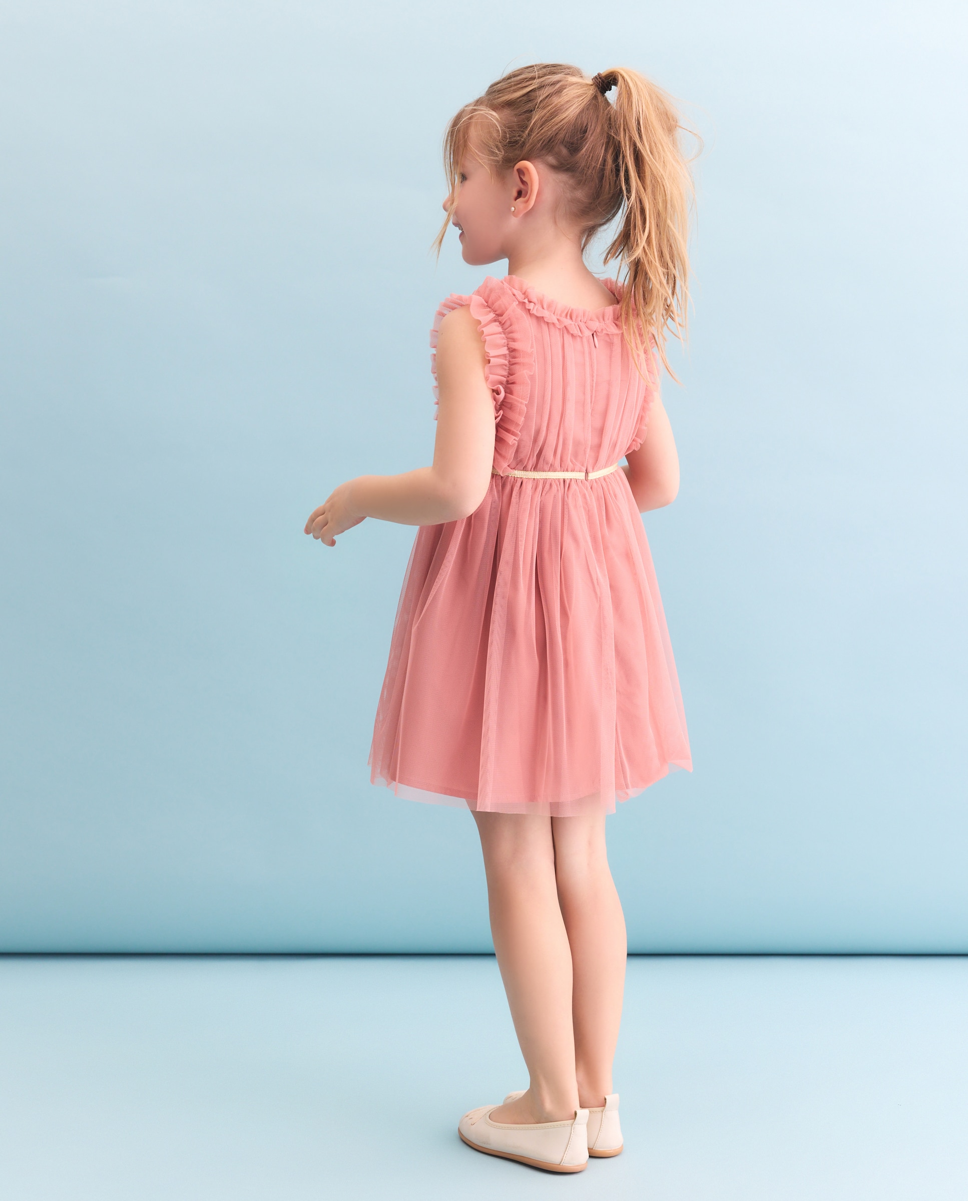 Vestido de Tule Liso com Folhos de Criança 220 Rosa Pálido-3
