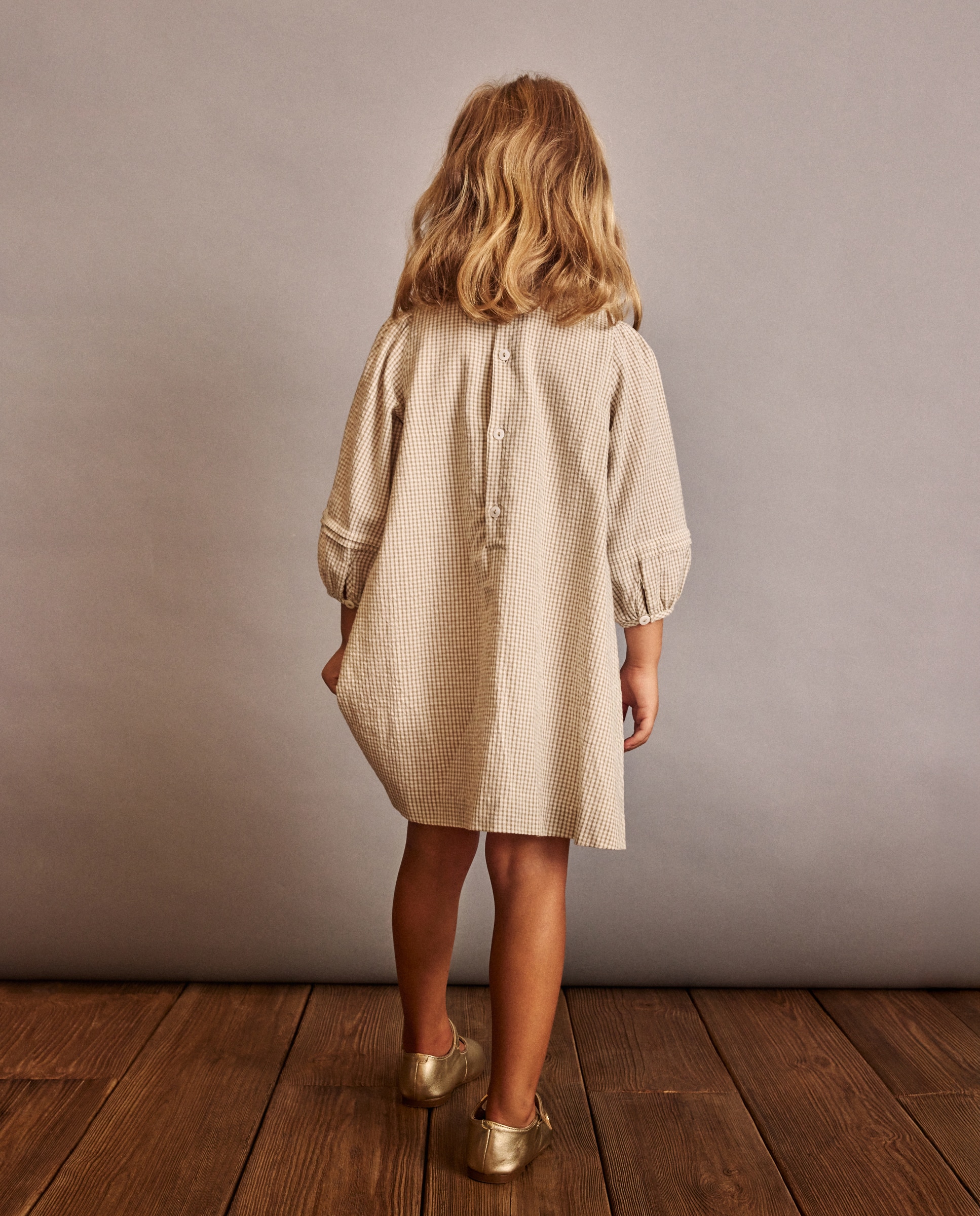 Vestido Vichy de Manga Curta com Smock à Máquina Caqui-3
