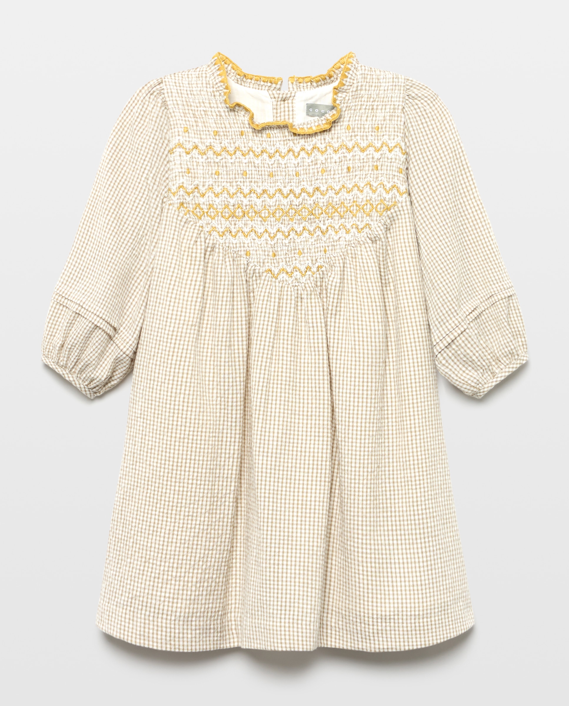 Vestido Vichy de Manga Curta com Smock à Máquina Caqui-4