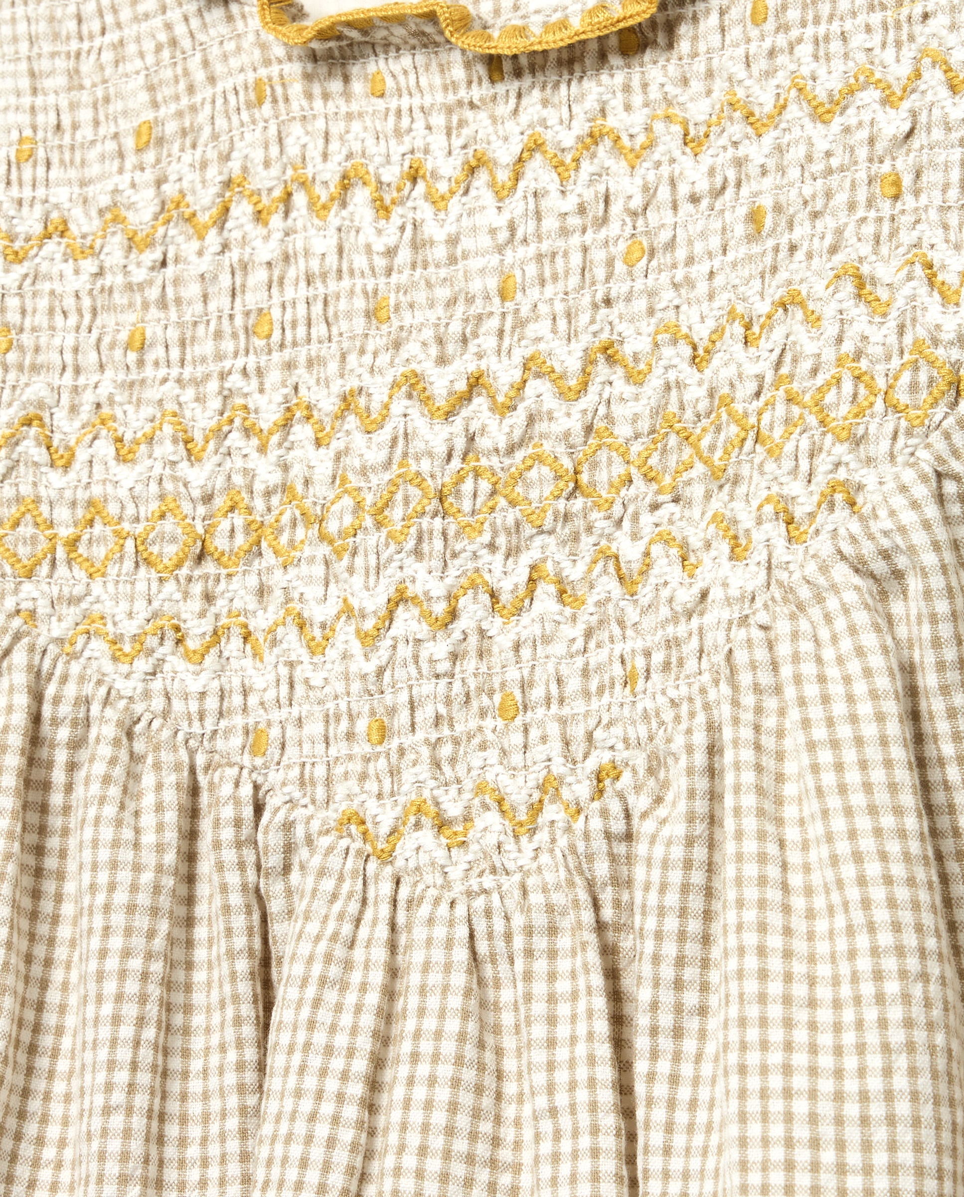 Vestido Vichy de Manga Curta com Smock à Máquina Caqui-5