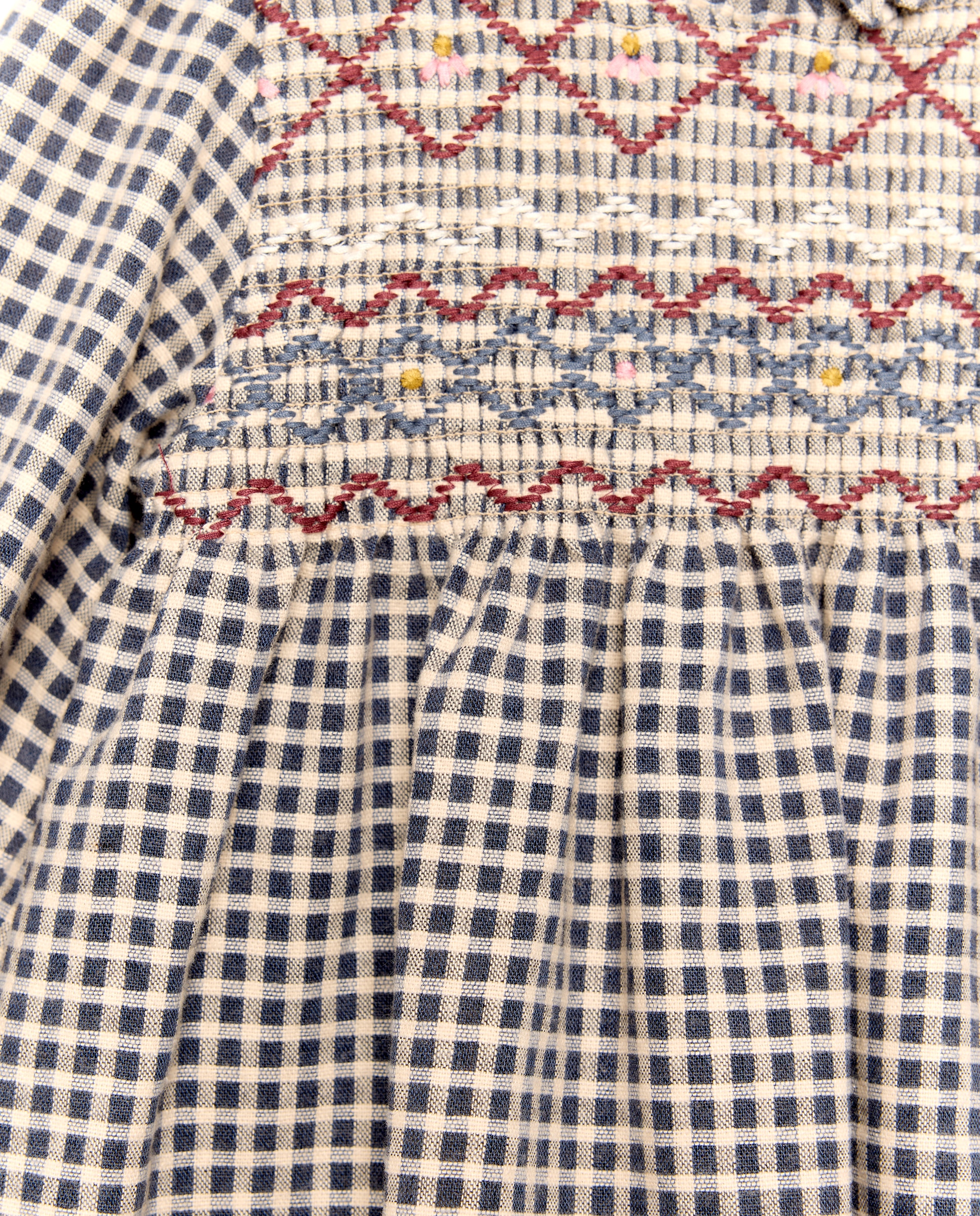 Vestido Vichy Rústico de Manga Comprida com Smock à Máquina Azul-6