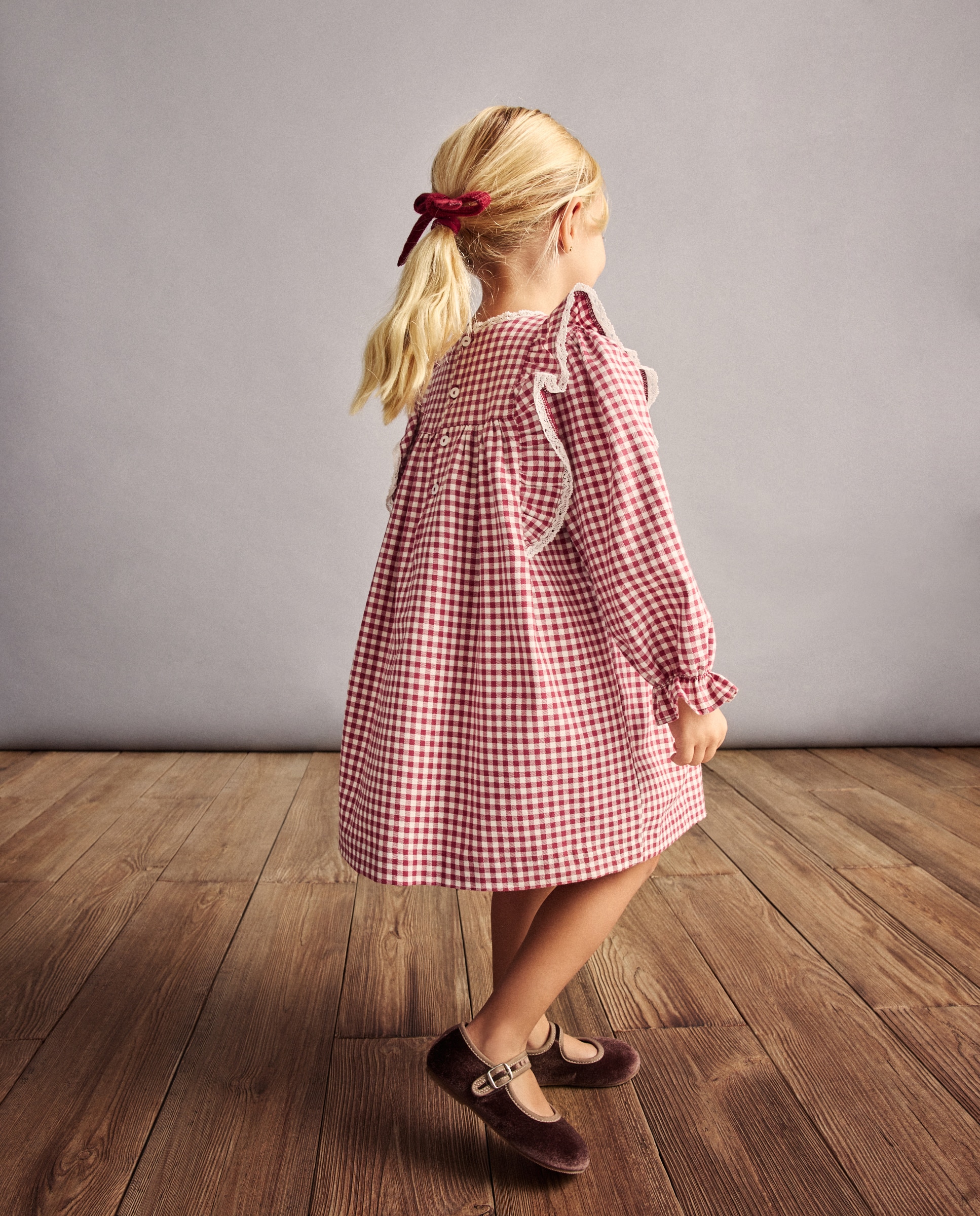 Vestido Vichy de Manga Comprida com Favos de Mel à Mão Vermelho-3