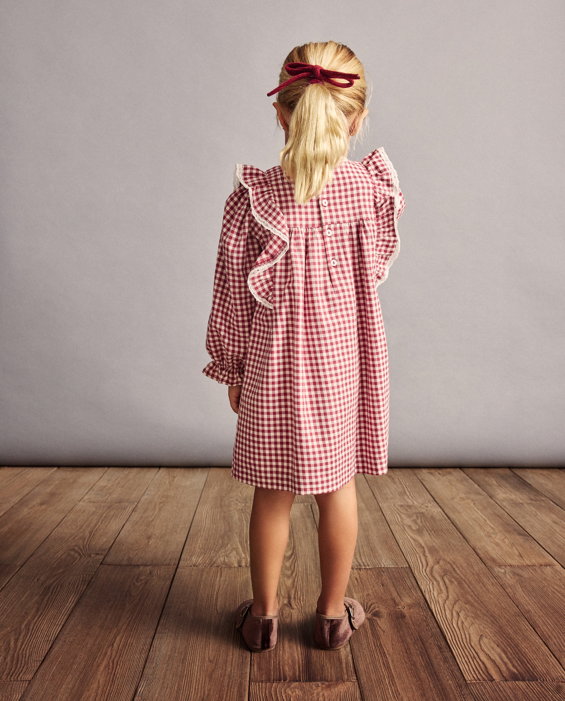 Vestido Vichy de Manga Comprida com Favos de Mel à Mão Vermelho-4