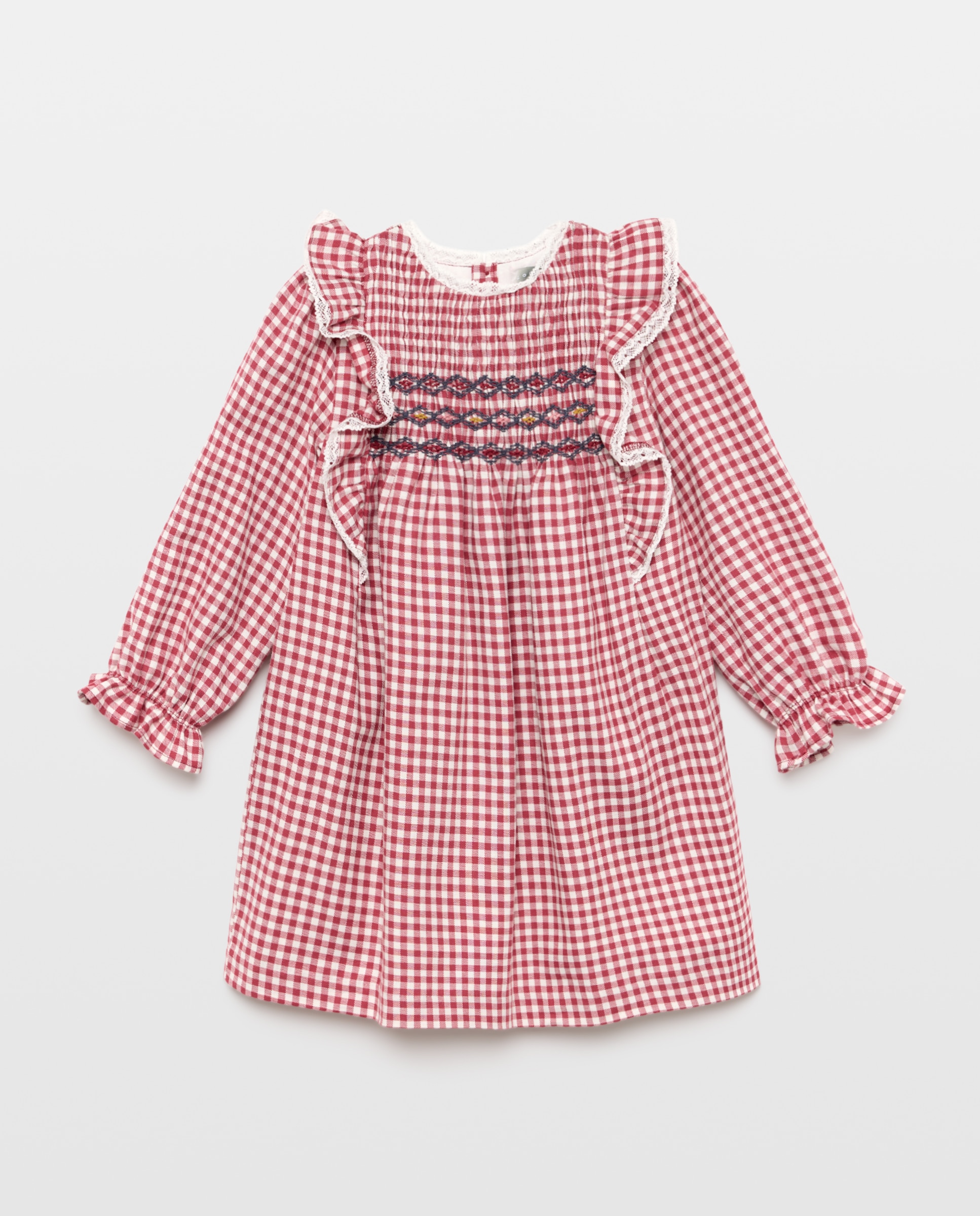 Vestido Vichy de Manga Comprida com Favos de Mel à Mão Vermelho-5