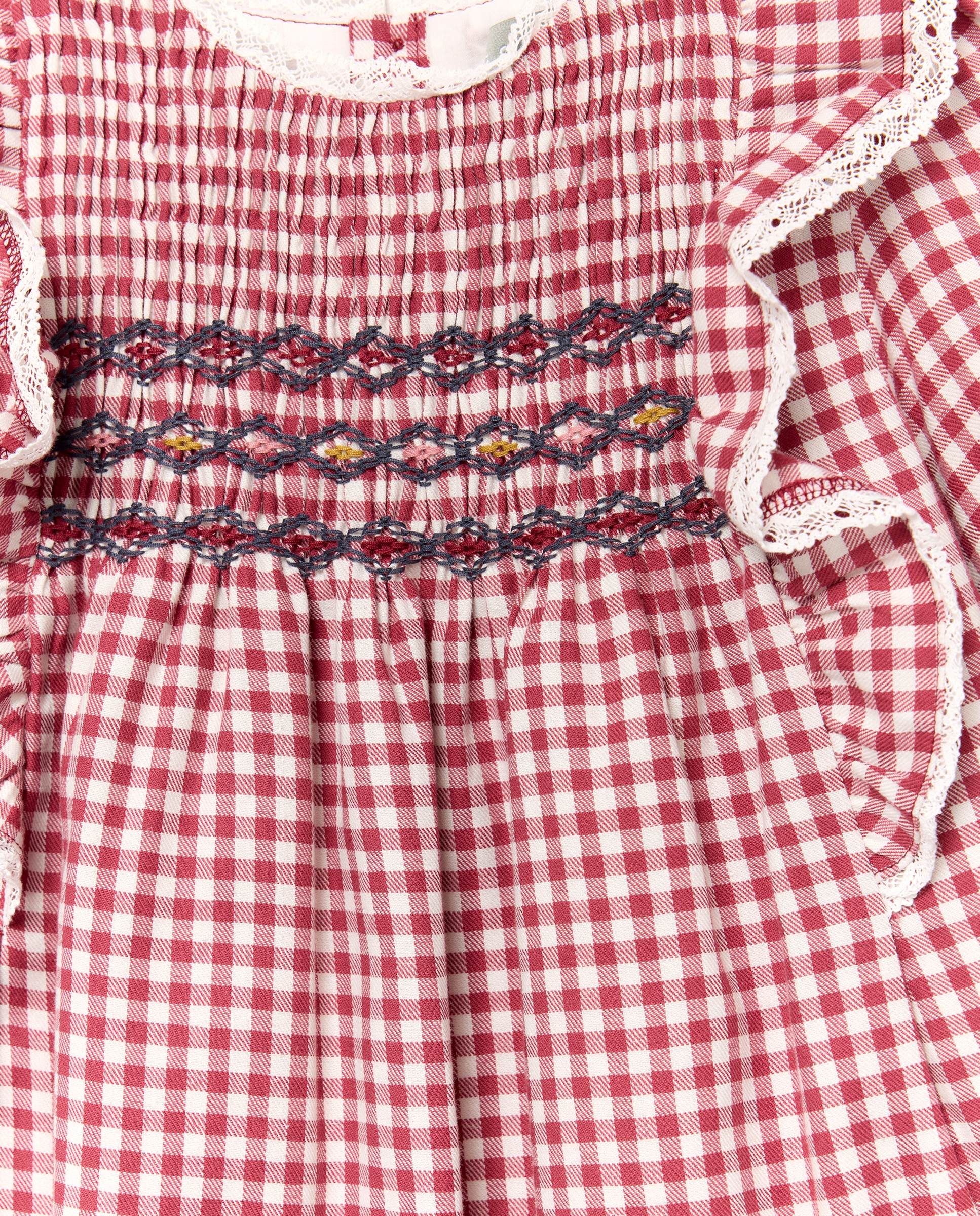 Vestido Vichy de Manga Comprida com Favos de Mel à Mão Vermelho-6