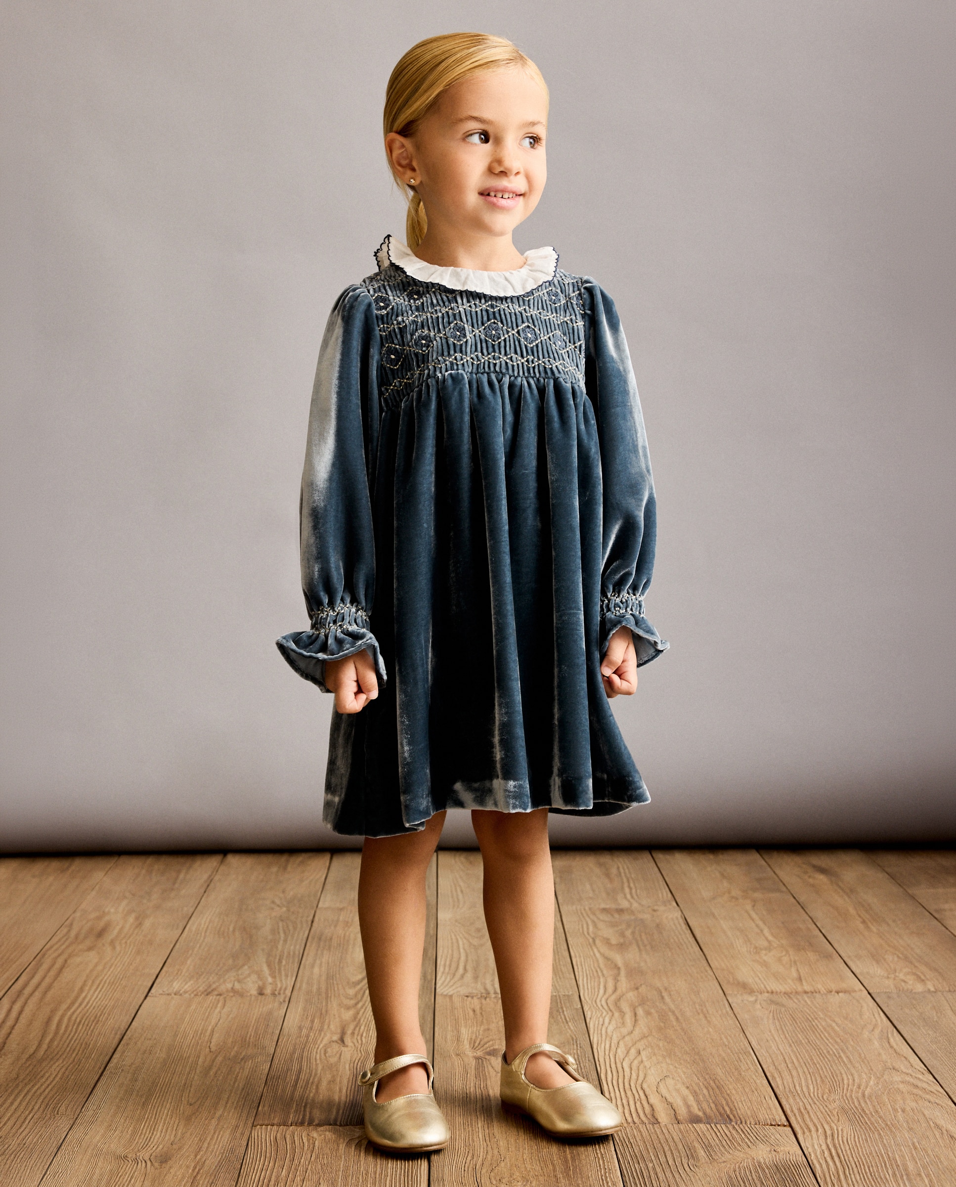 Vestido de Veludo com Manga Comprida e Smock à Máquina Azul Intenso-3