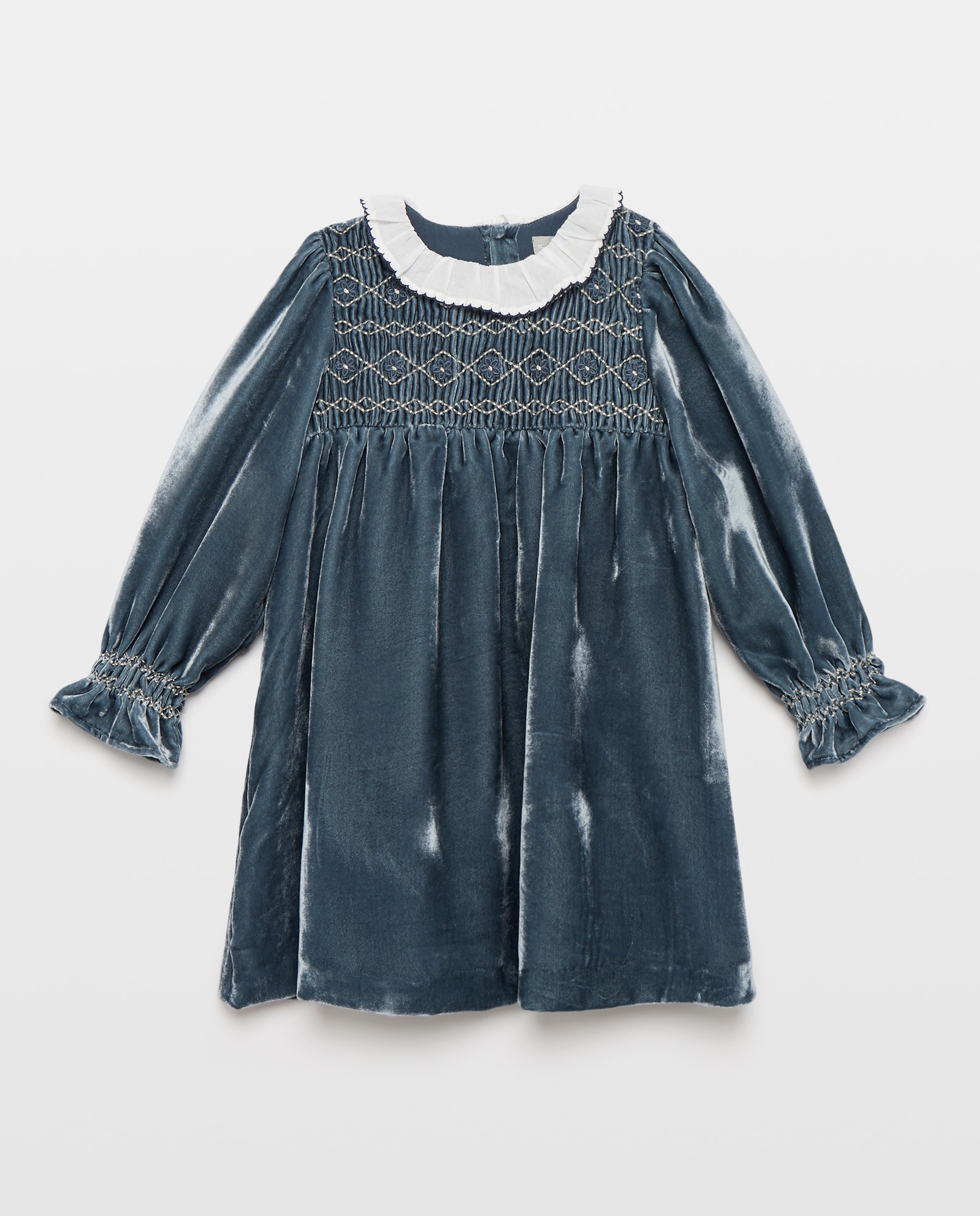 Vestido de Veludo com Manga Comprida e Smock à Máquina Azul Intenso-5