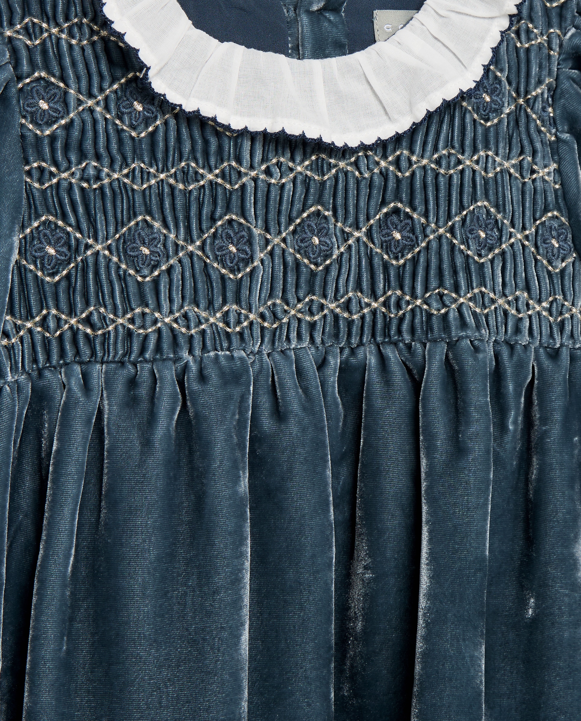 Vestido de Veludo com Manga Comprida e Smock à Máquina Azul Intenso-6