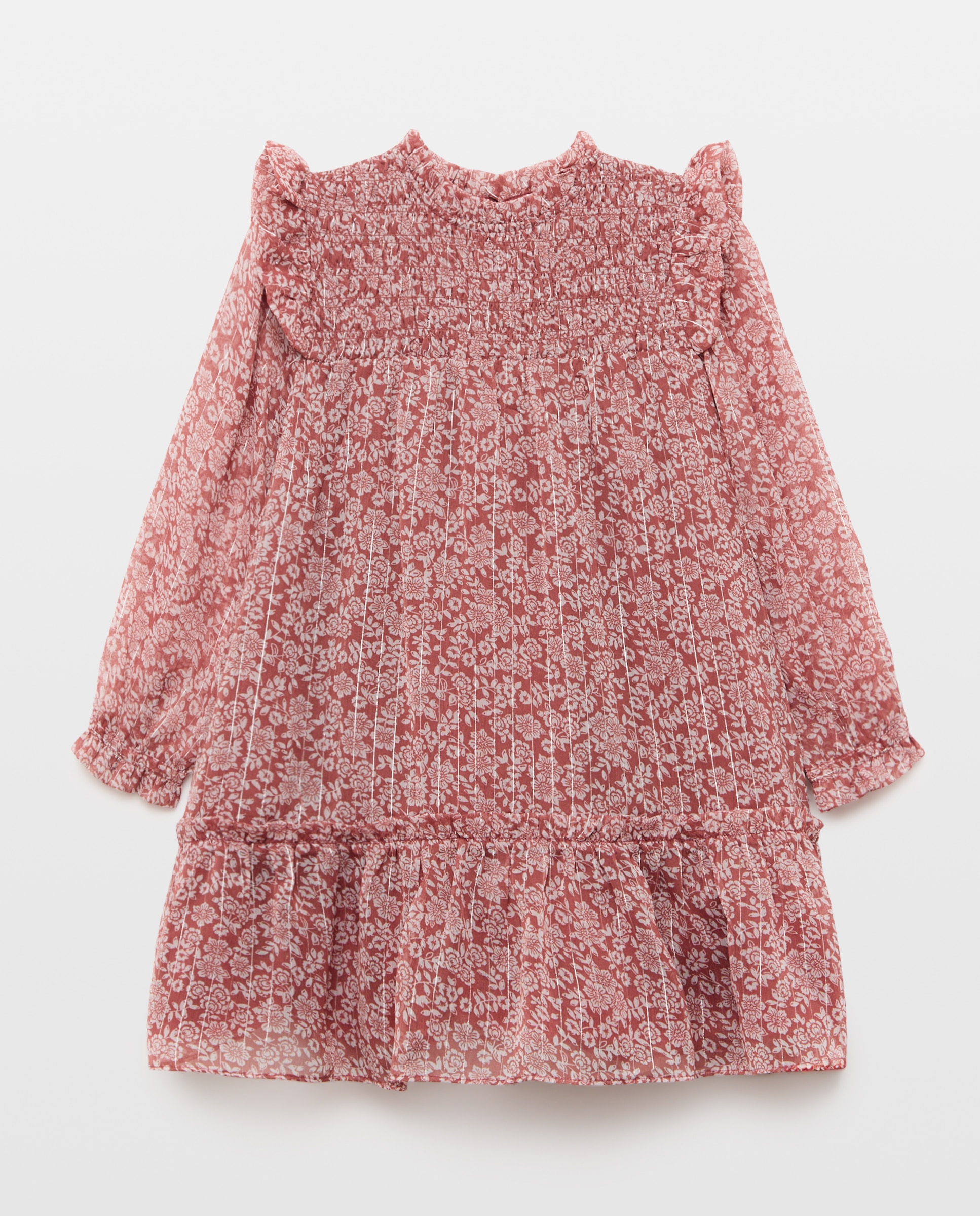 Vestido de manga Comprida Estampado com Folho no Ombro e na Parte Inferior Rosa-5