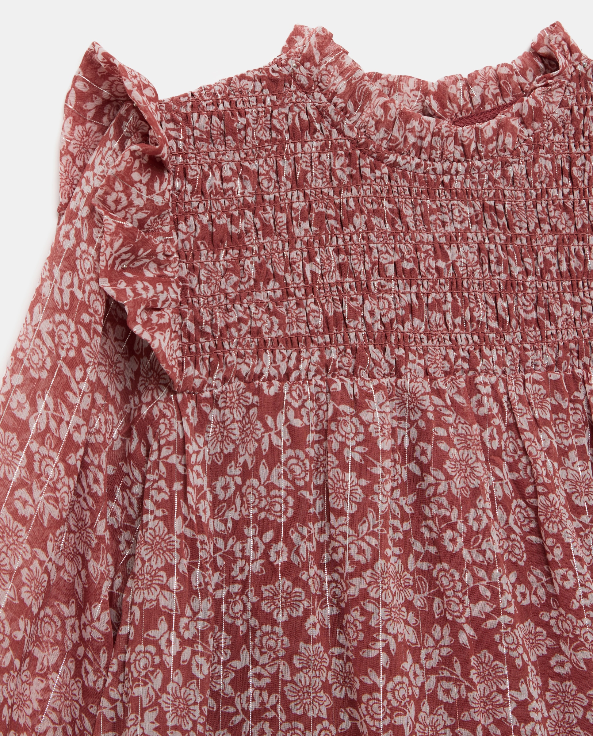 Vestido de manga Comprida Estampado com Folho no Ombro e na Parte Inferior Rosa-6