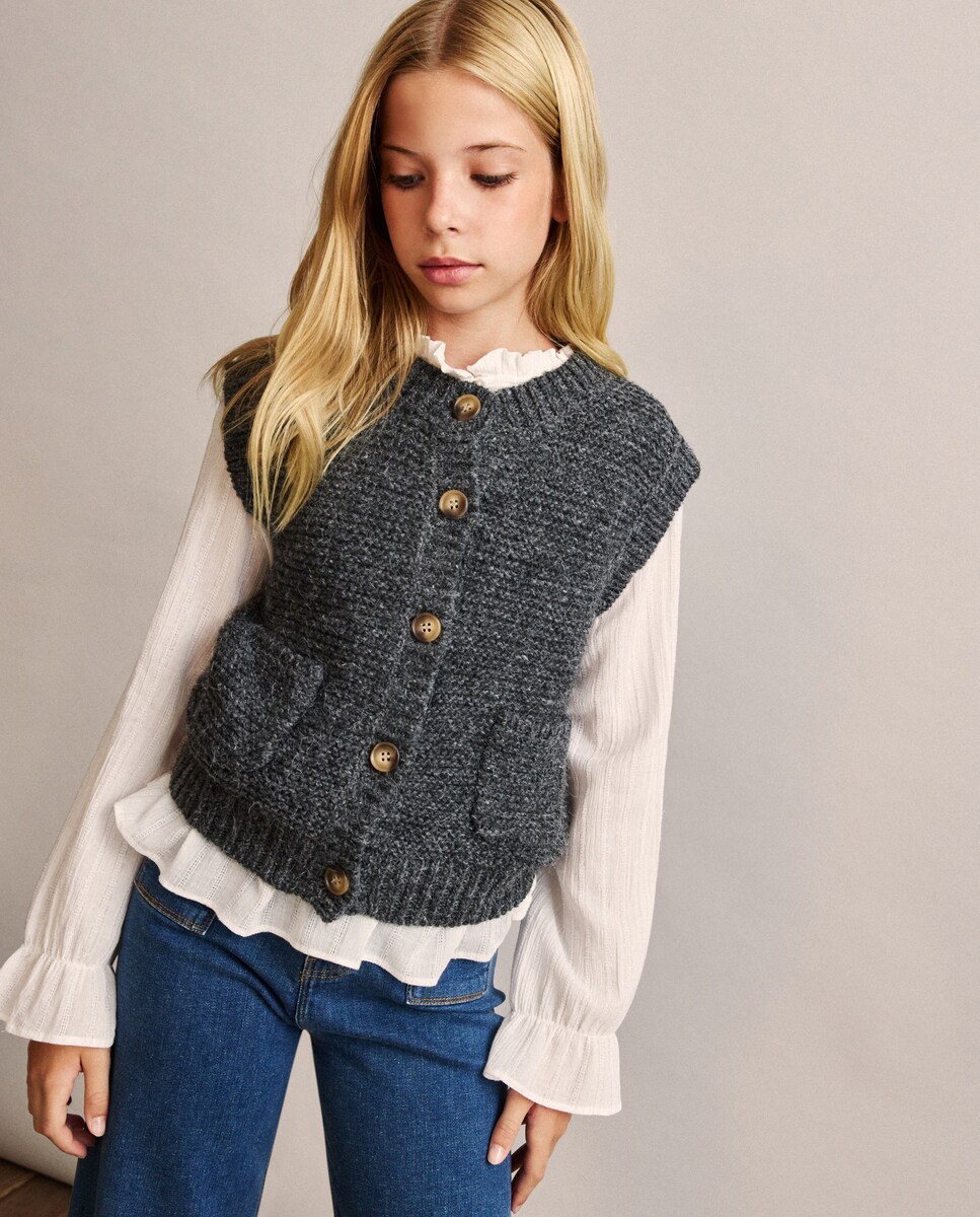 Colete Boxy com Botões e Bolsos Cinzento-claro-2