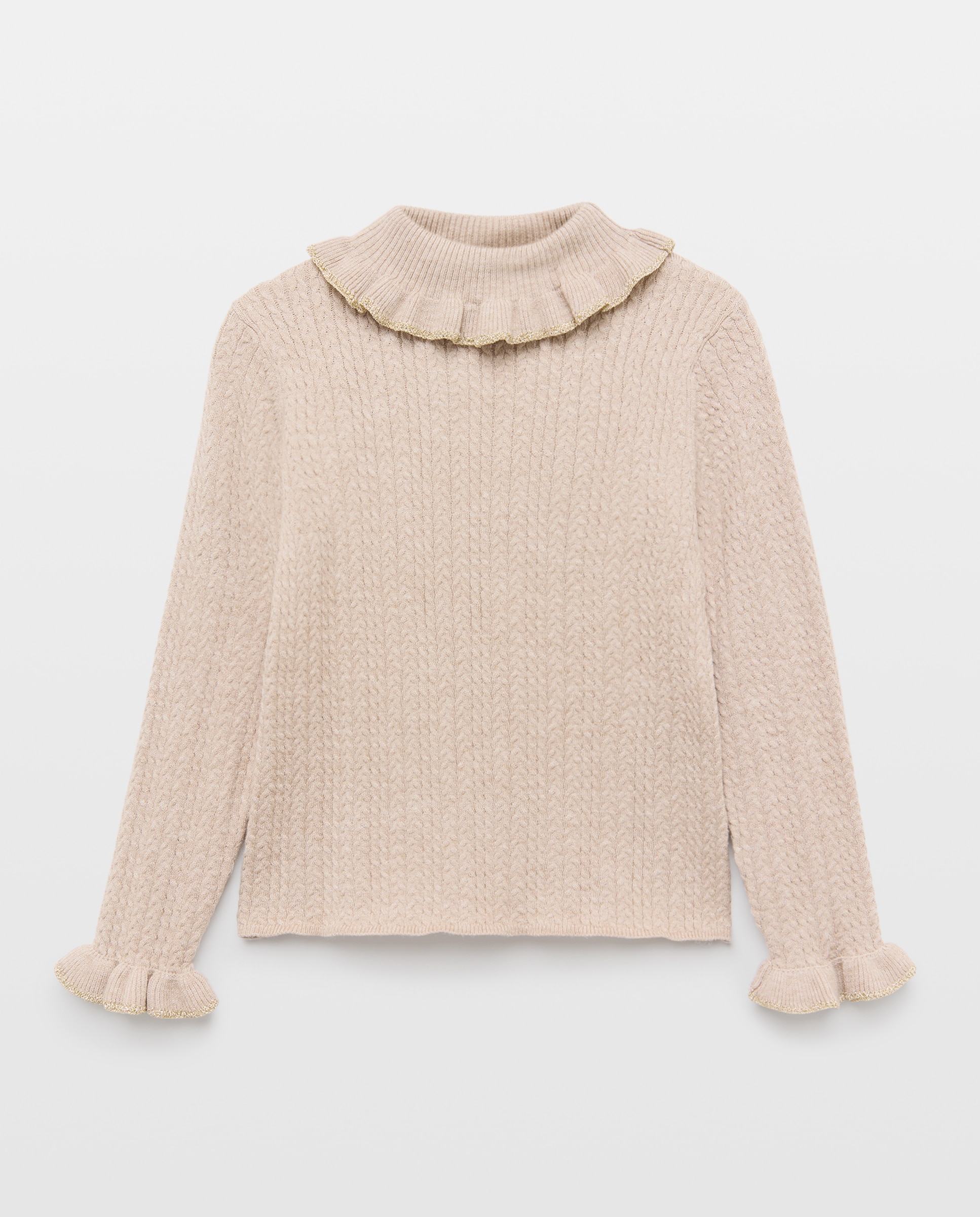 Camisola de Malha do Cabo com Gola Cisne e Gola de Fio Metalizado Vison Claro-4