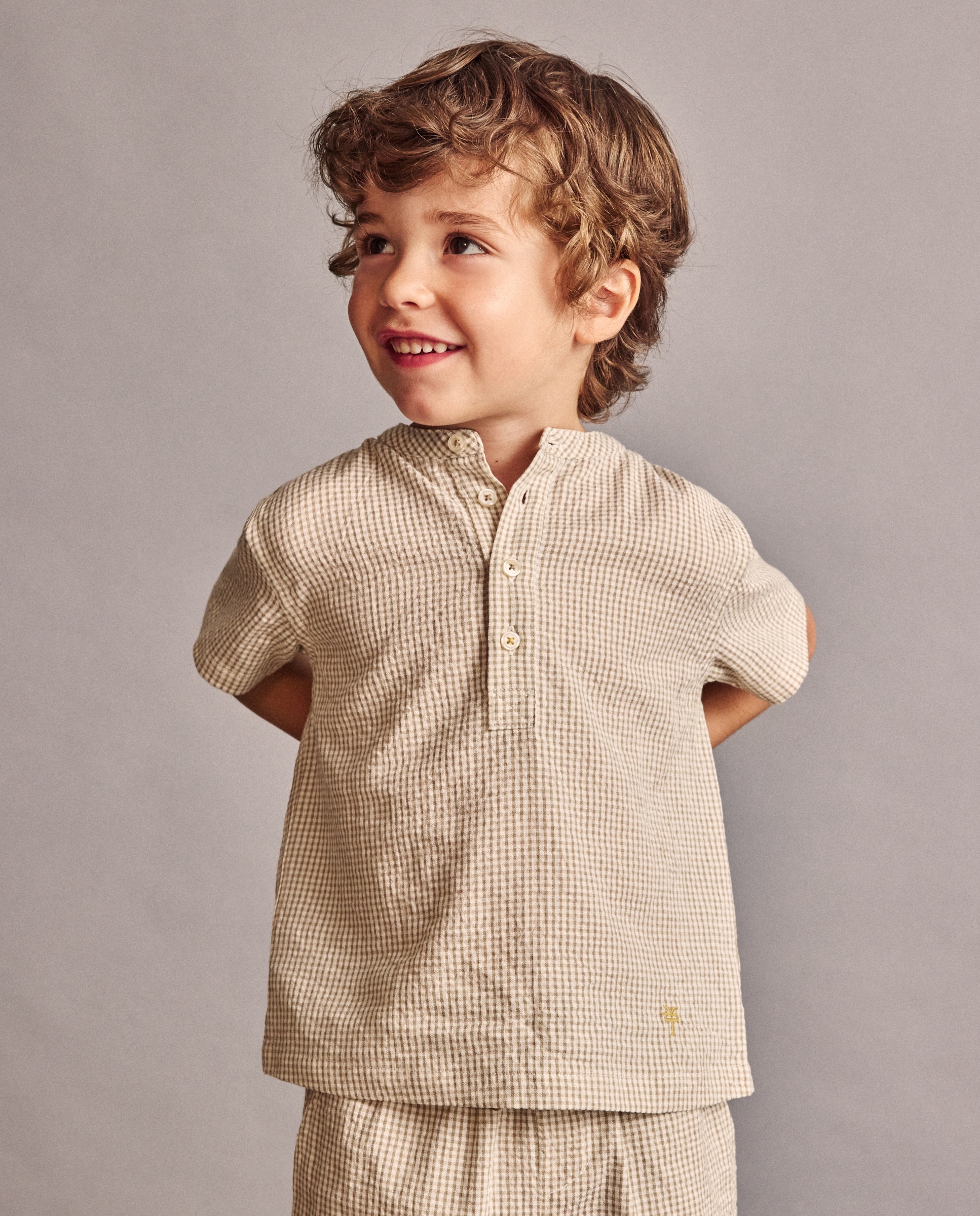 Camisa em Tecido Seersucker Vichy com Manga Curta Coconut El Corte Inglés Caqui-2