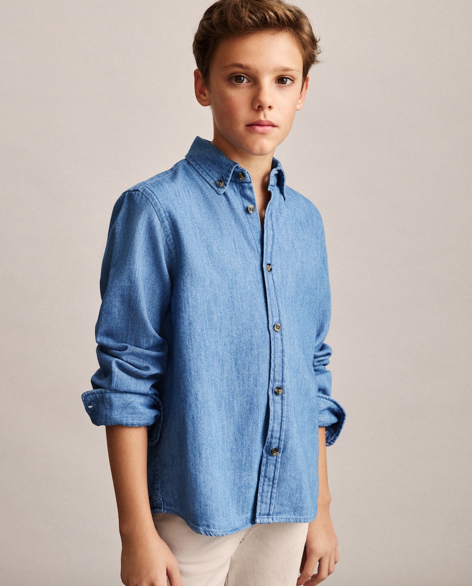 Camisa Lisa de Ganga com Manga Comprida Cinzento-1