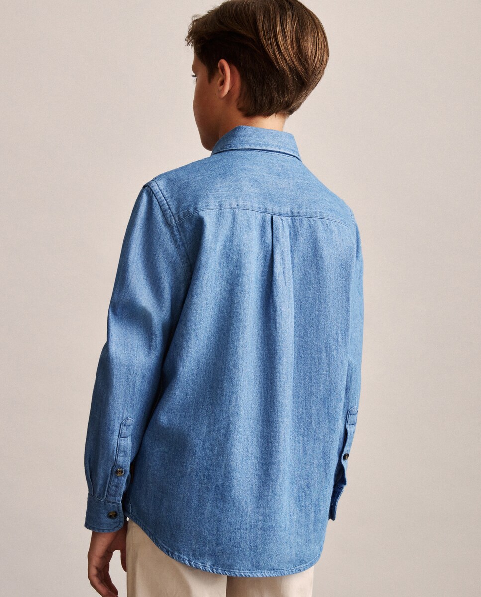 Camisa Lisa de Ganga com Manga Comprida Cinzento-3