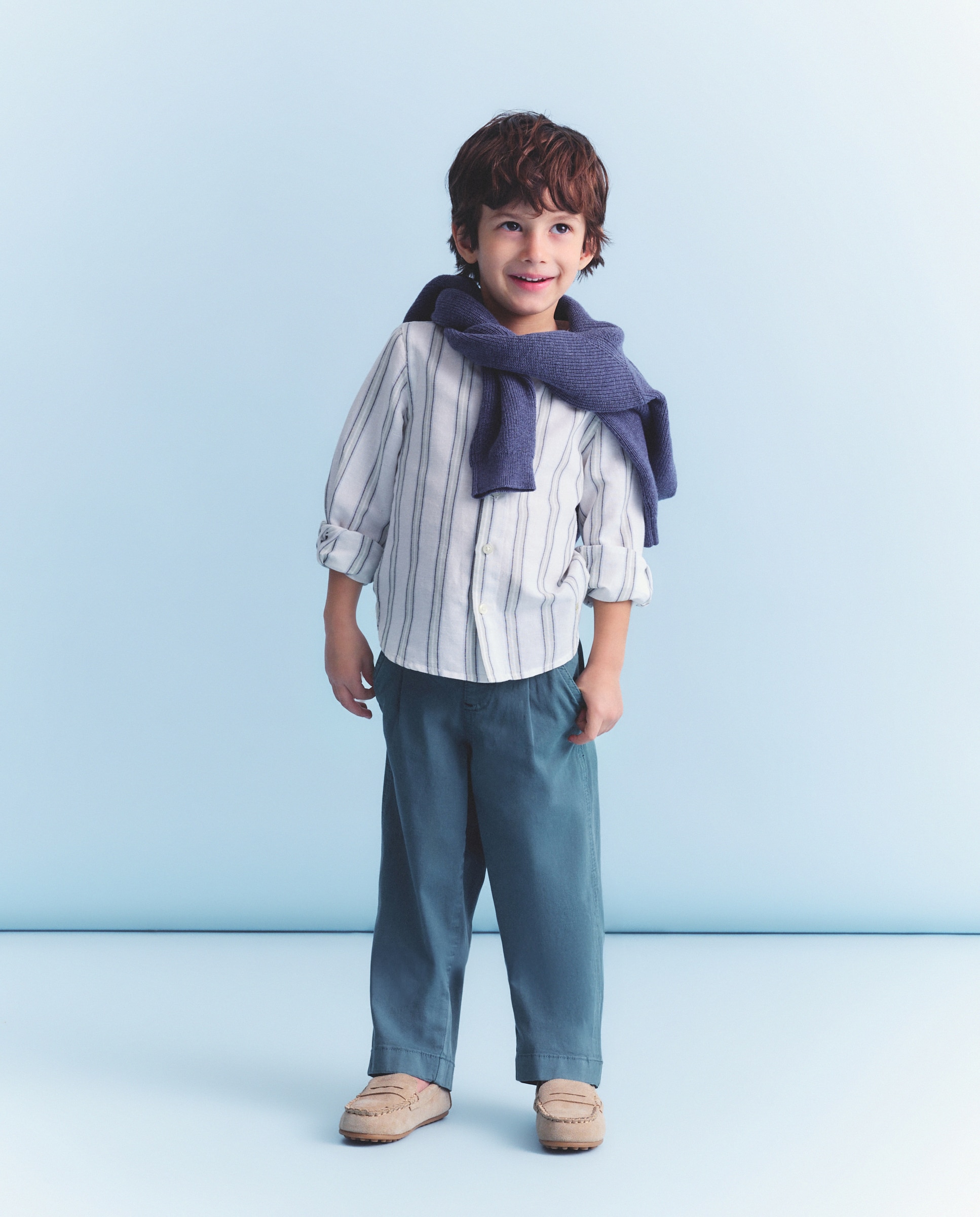 Camisa de Manga Comprida e Gola à Padre com Risca de Fantasia Azul-2