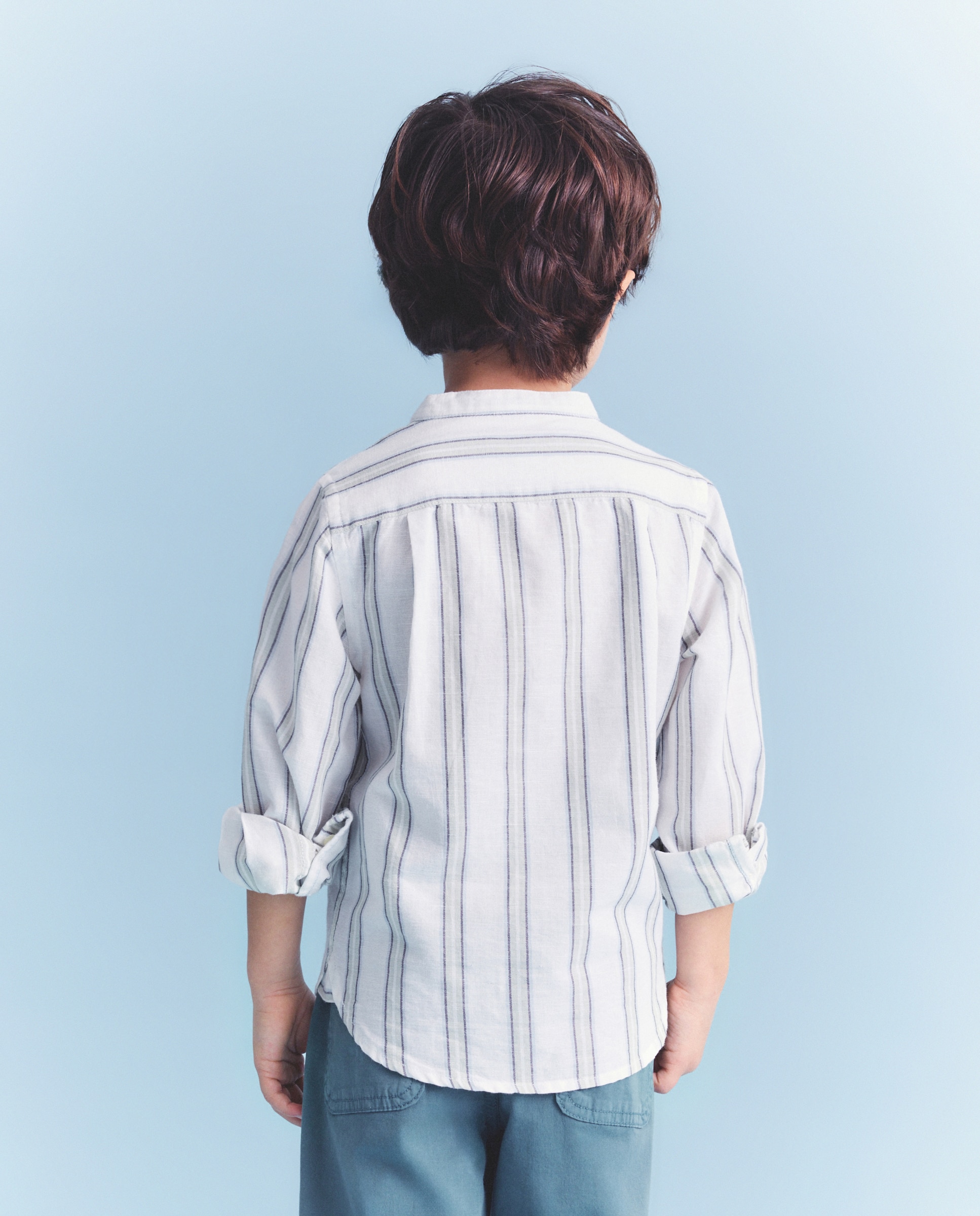Camisa de Manga Comprida e Gola à Padre com Risca de Fantasia Azul-3