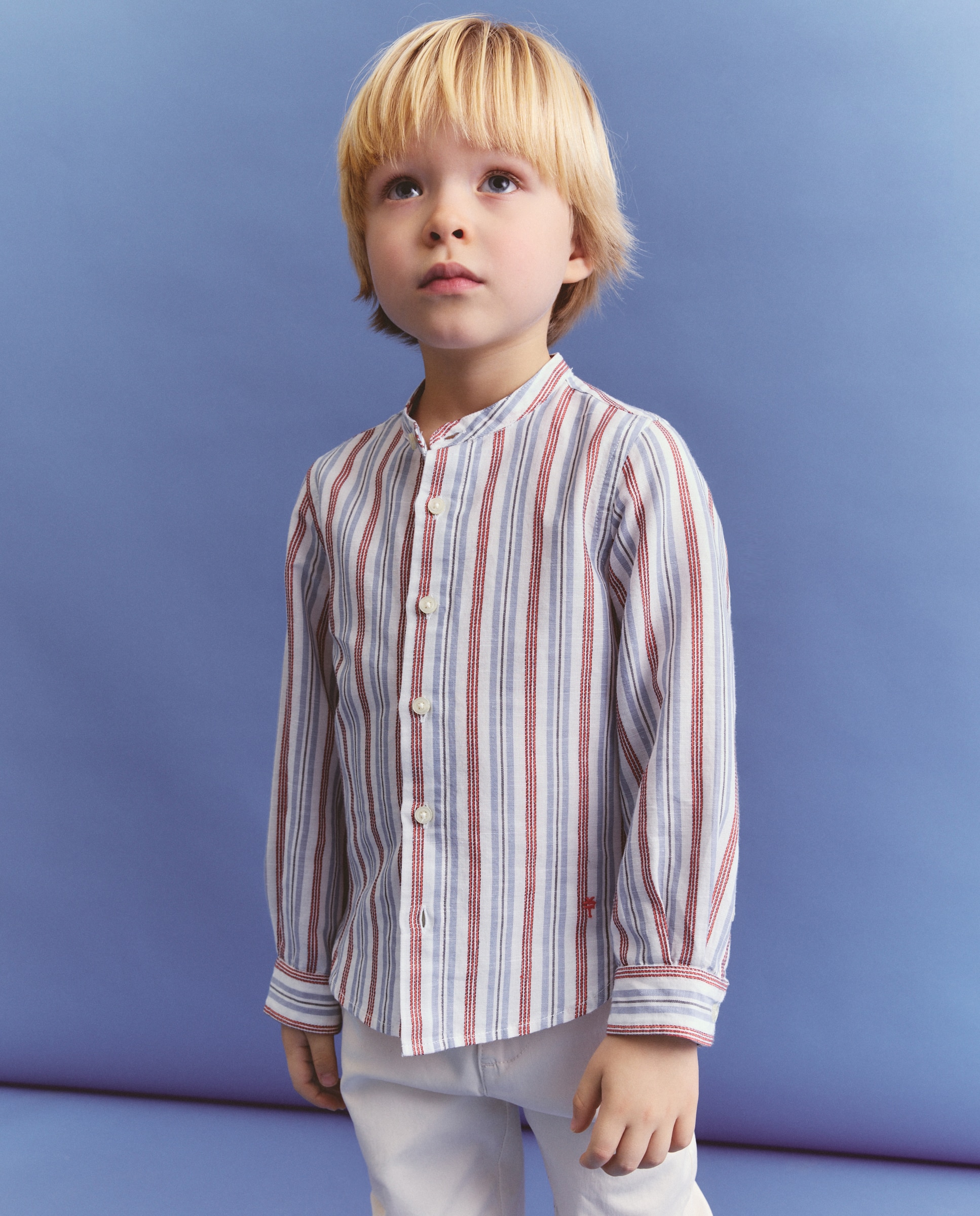 Camisa de Manga Comprida e Gola à Padre com Risca de Fantasia Vermelho-4