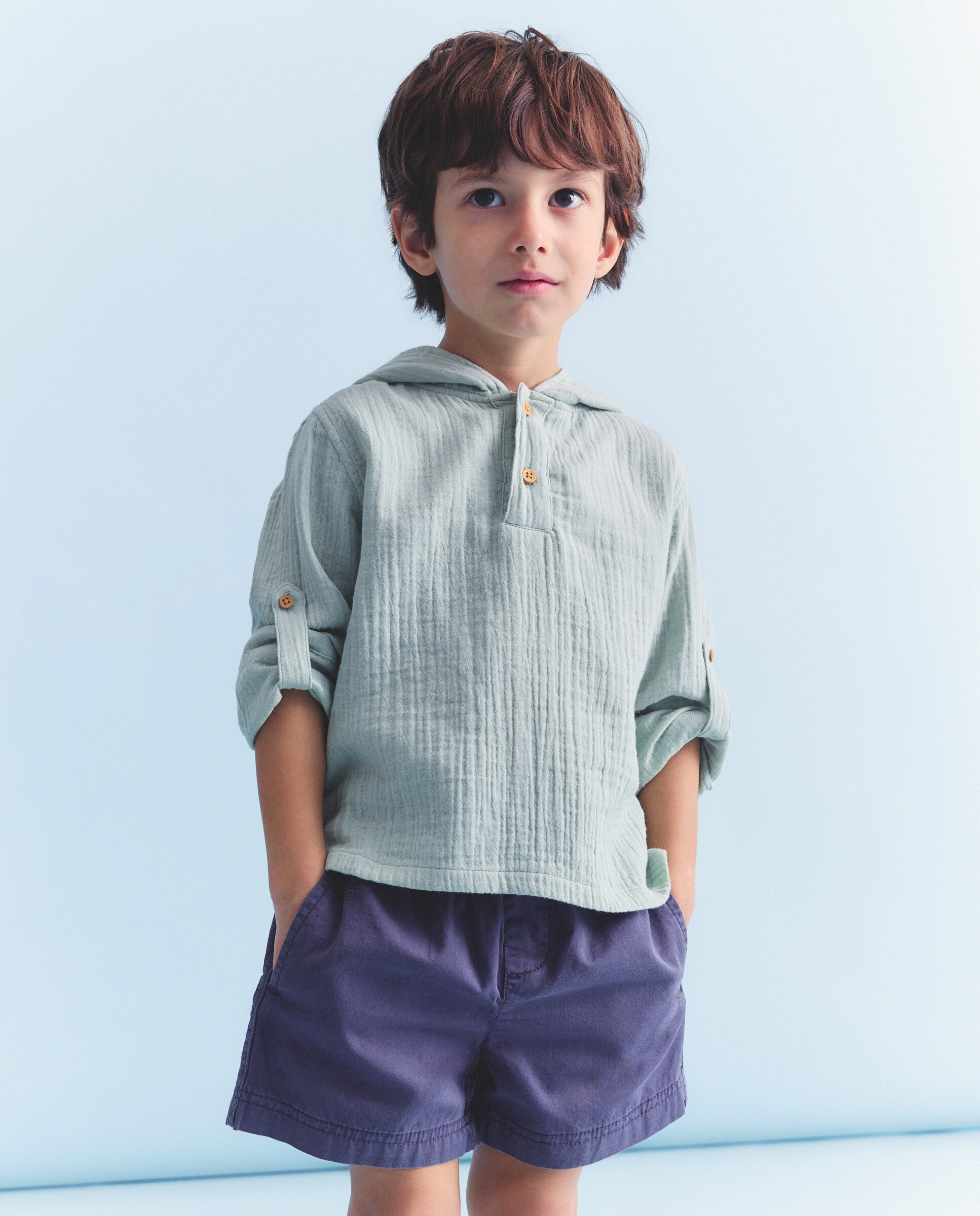 Camisa de niño con manga larga cuello mao y capucha de gasa - Coconut El Corte Inglés - Verde Verde-2