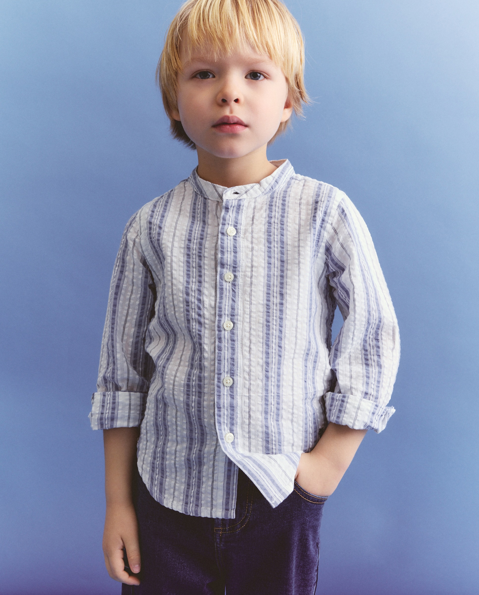 Camisa de Manga Comprida com Gola à Padre e Risca Bicolor Azul-1