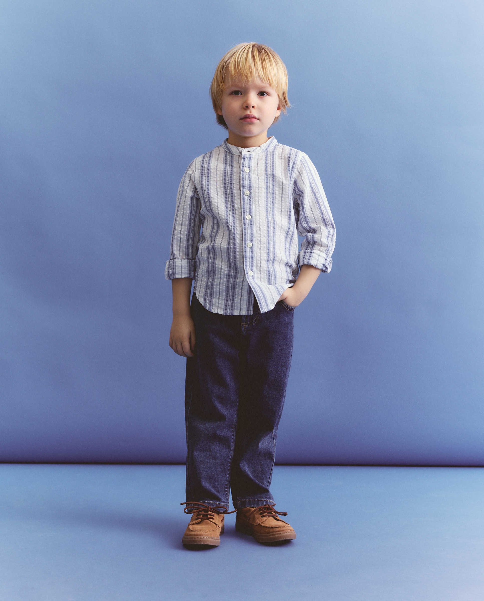 Camisa de Manga Comprida com Gola à Padre e Risca Bicolor Azul-2