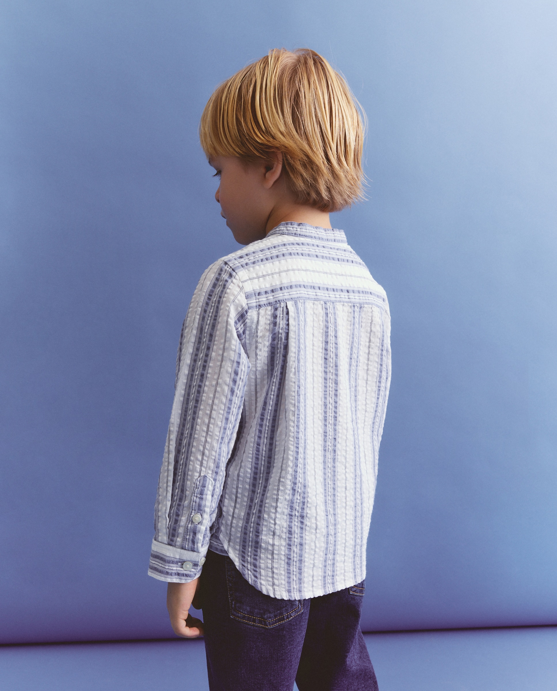 Camisa de Manga Comprida com Gola à Padre e Risca Bicolor Azul-3