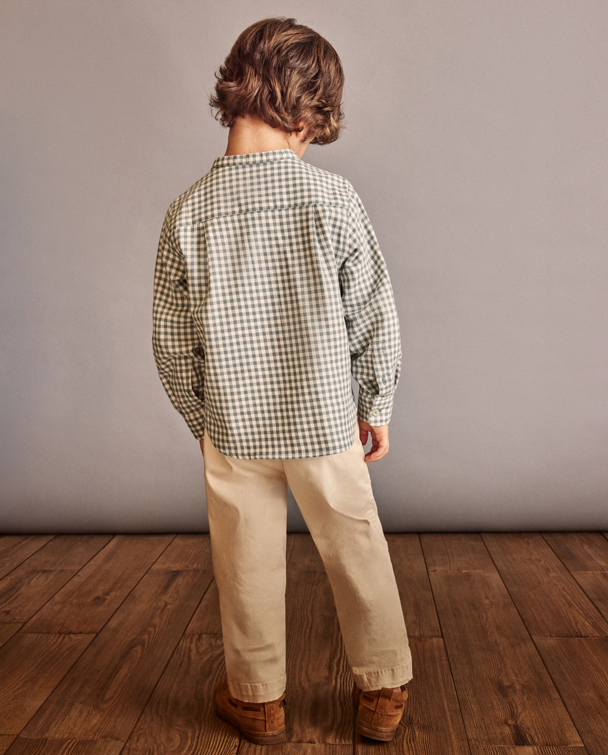 Camisa Vichy com Manga Comprida e Gola à Padre Verde-3