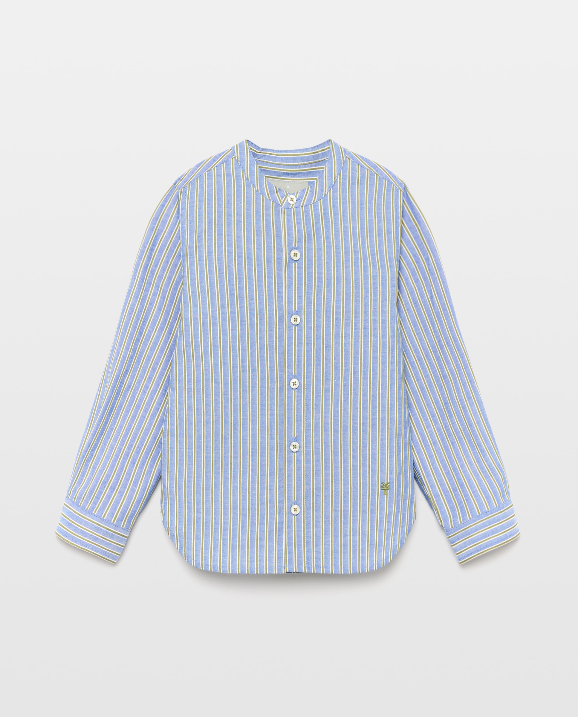 Camisa às Riscas com Manga Comprida e Gola à Padre Azul-5