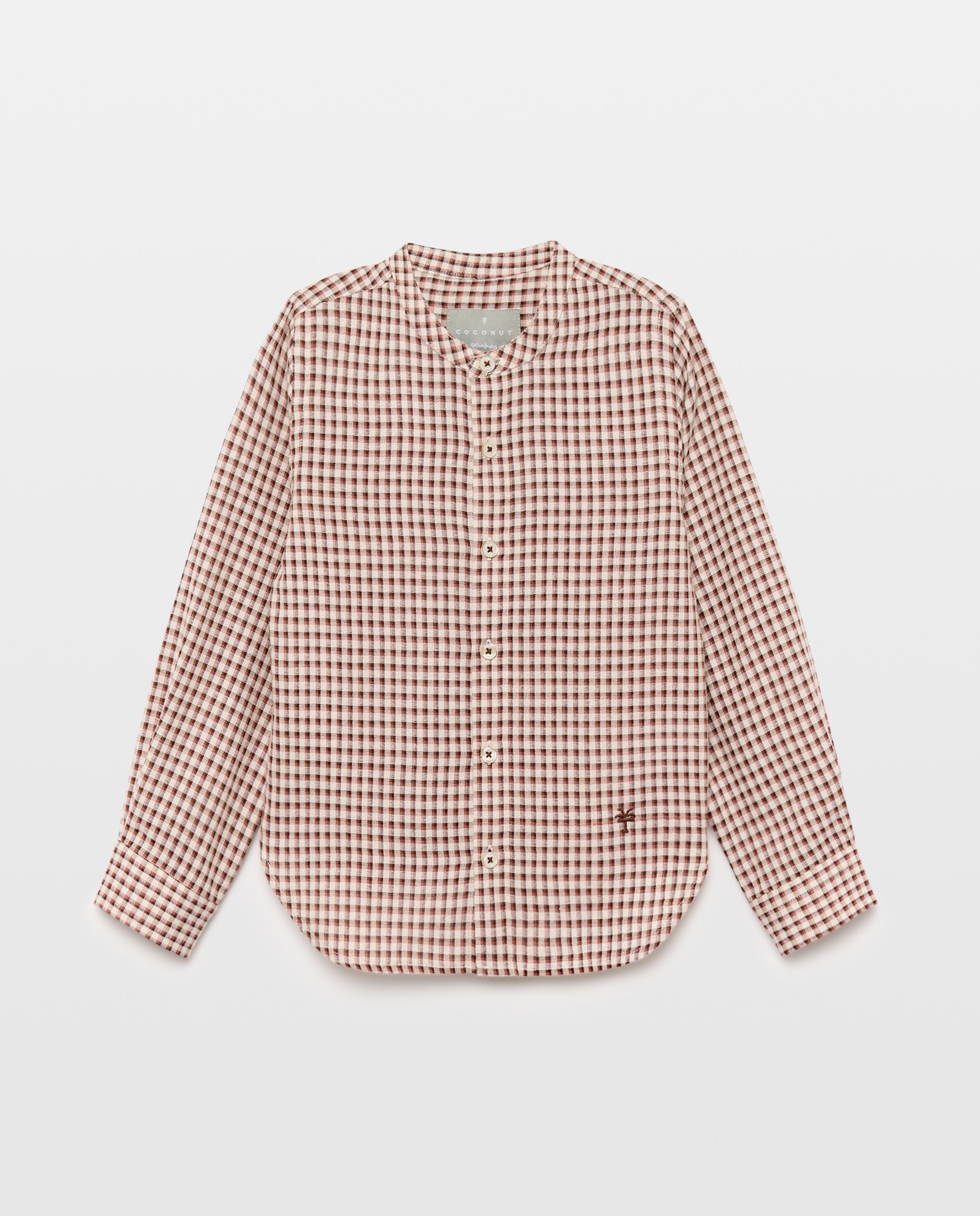 Camisa aos Quadrados Rústicos com Manga Comprida e Gola à Padre Castanho-5