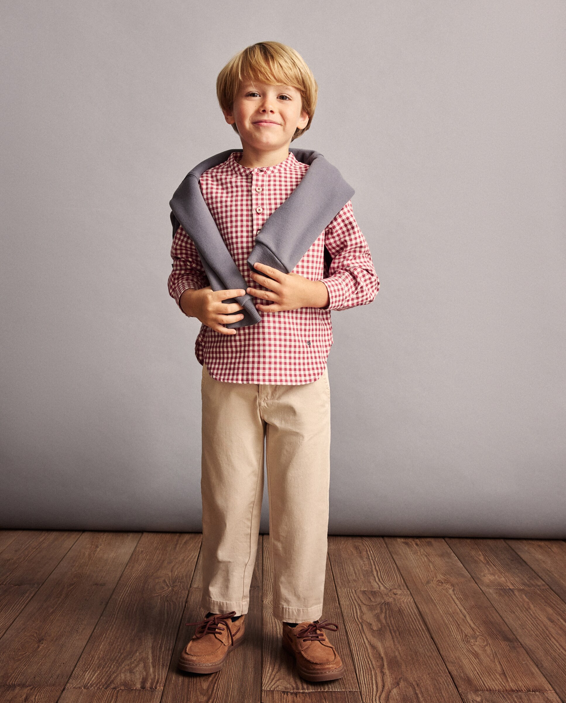 Camisa Vichy com Manga Comprida e Gola à Padre Vermelho-2