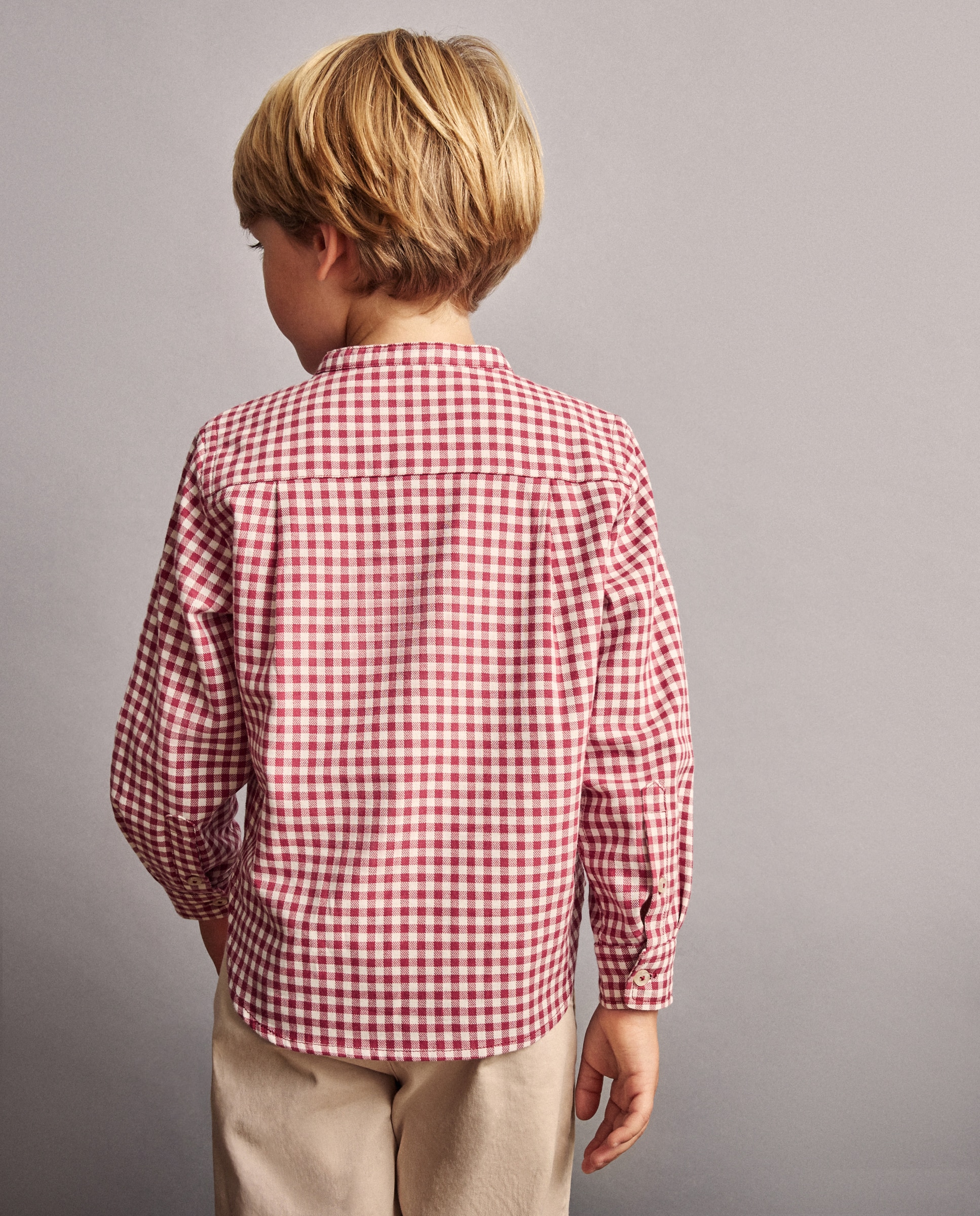 Camisa Vichy com Manga Comprida e Gola à Padre Vermelho-3