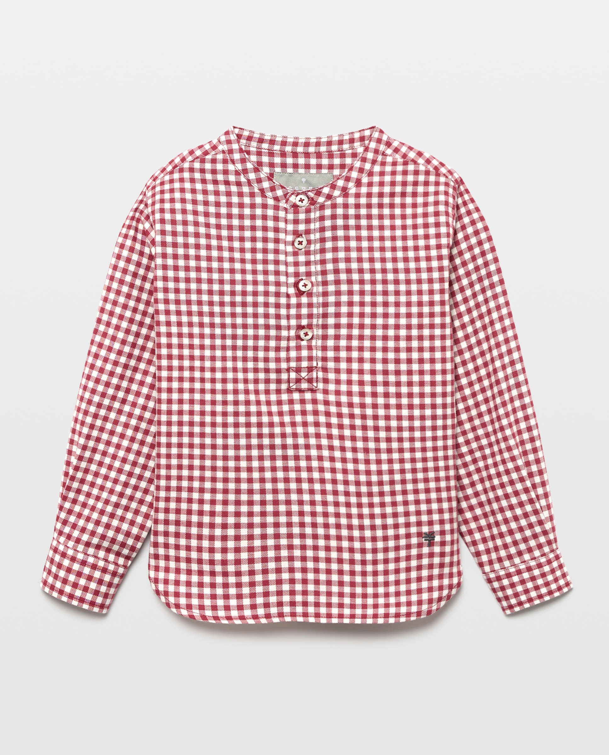 Camisa Vichy com Manga Comprida e Gola à Padre Vermelho-4