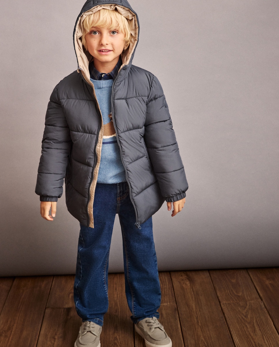 Blusão Acolchoado com Capuz e Bolsos Direitos Cinzento-claro-2