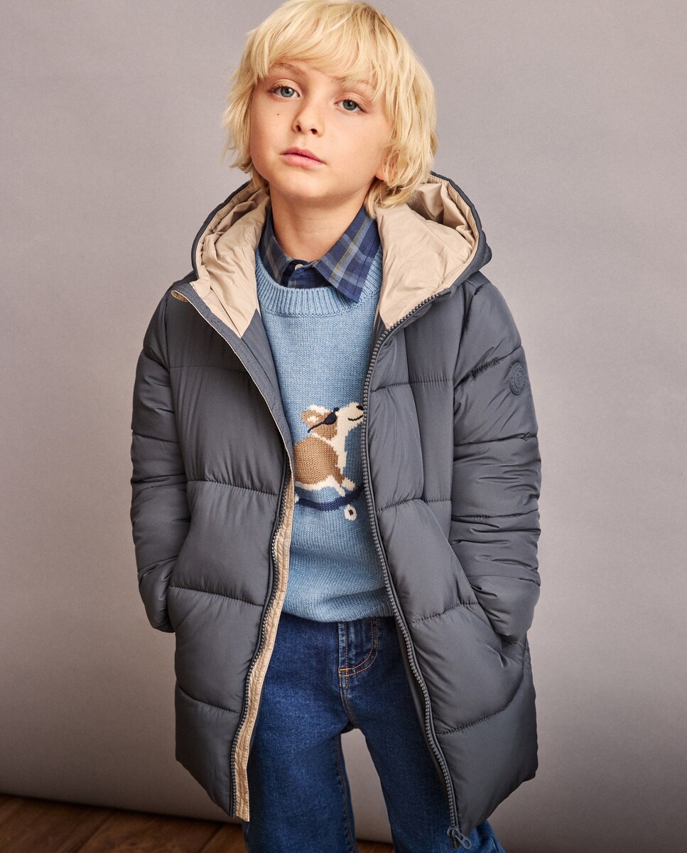 Blusão Acolchoado com Capuz e Bolsos Direitos Cinzento-claro-4